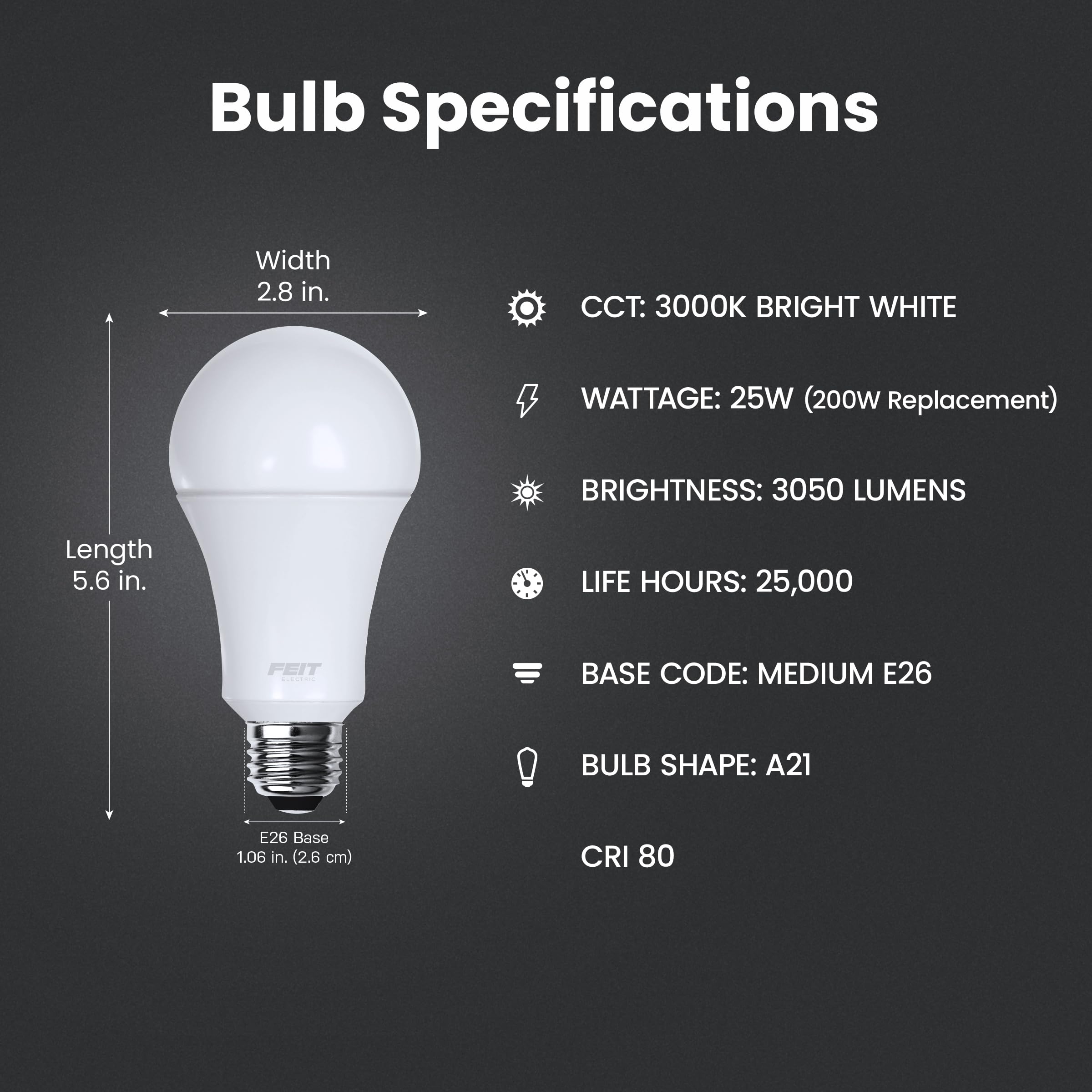Feit Electric A21 LED Light Bulb, 200W Equivalent, 3050 Lumens, E26 Base, 3000k Bright White, OM200/830/LED, Damp Rated