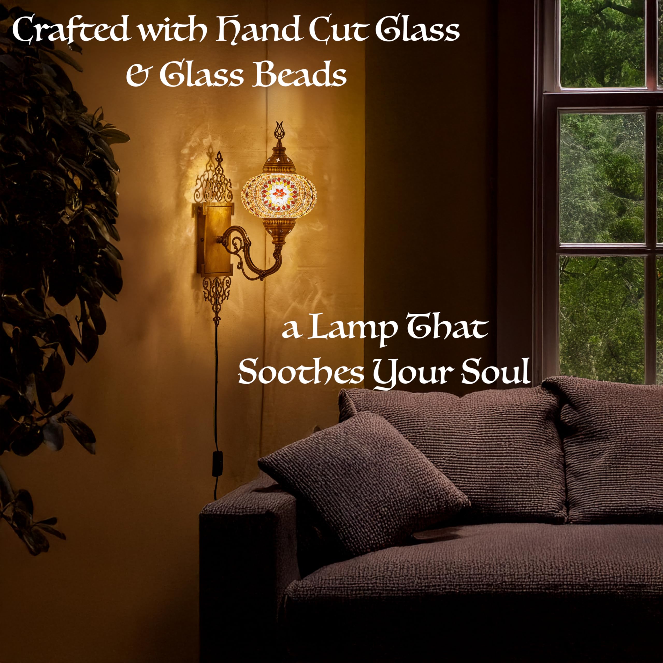 Demmex Turkish Moroccan Tiffany Style Mosaic Wall Sconce Lamp Light, Big Size Globe, Decorated Brass Body, Handmade, 15X5 Inches