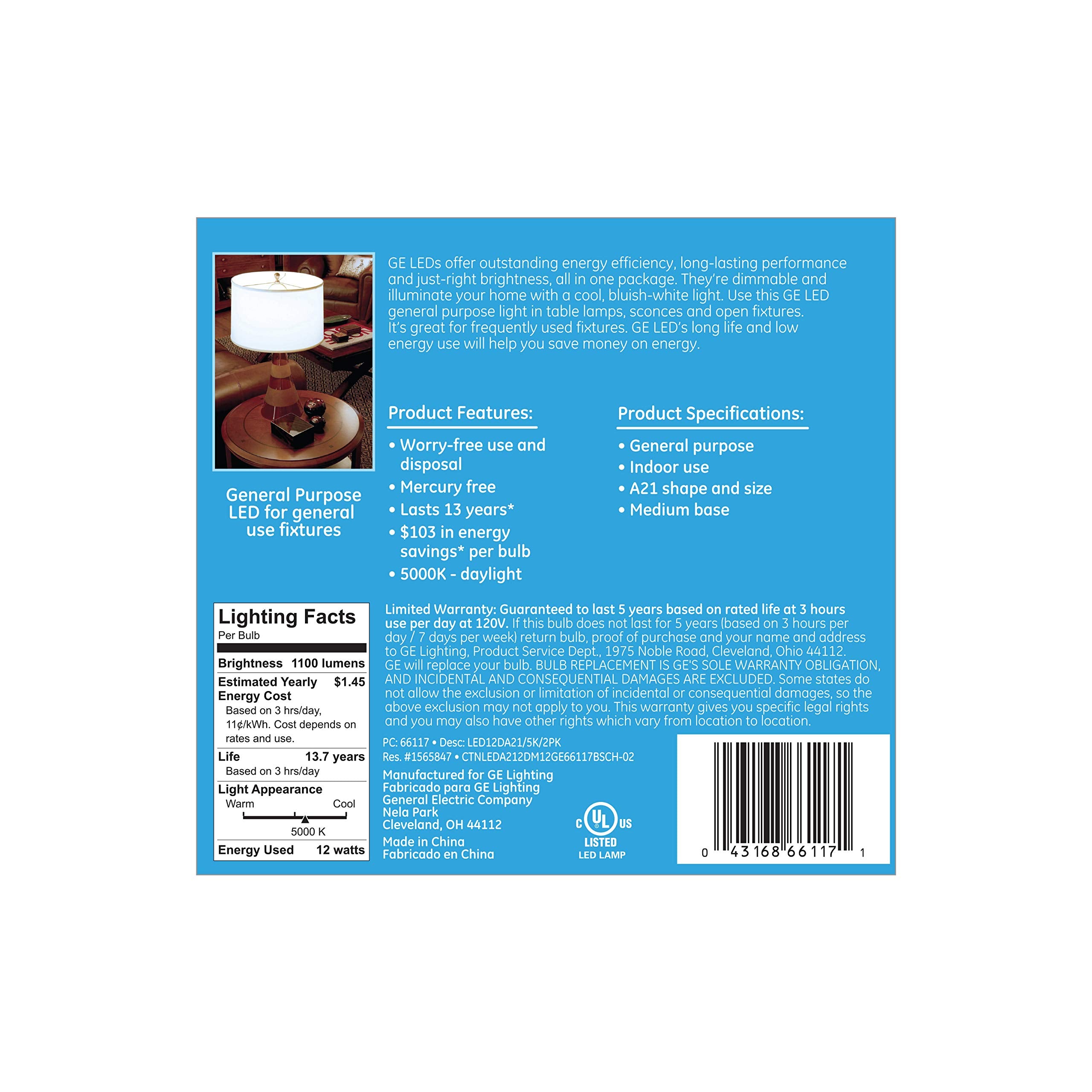 Ge Dimmable Led Light Bulbs, A21 General Purpose (75 Watt Replacement Led Light Bulbs), 1100 Lumen, Medium Base Light Bulbs, Daylight, 2-Pack Led Bulbs