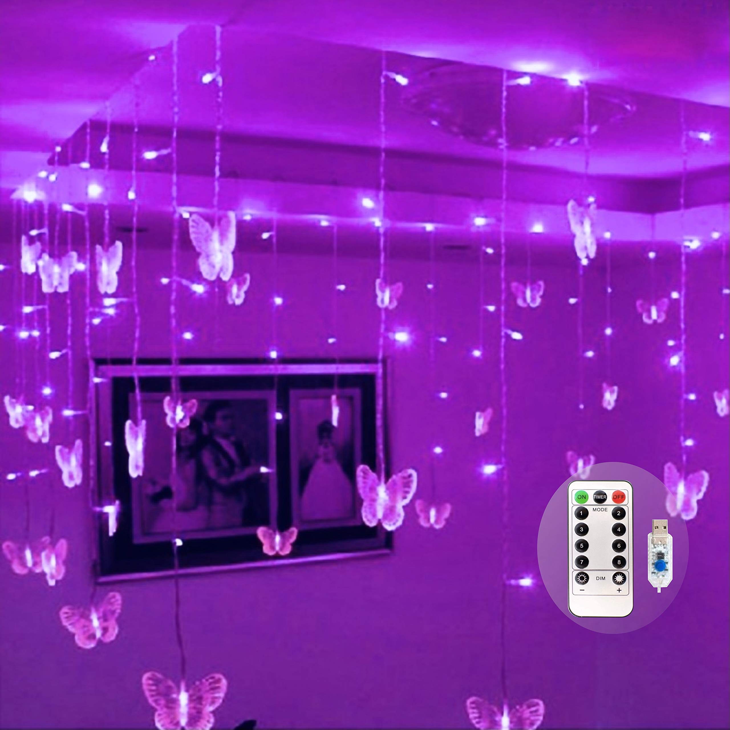 Felishine Purple Butterfly Curtain Fairy Lights - 120 Led, 8 Modes, Remote, Waterproof, 19.7Ft
