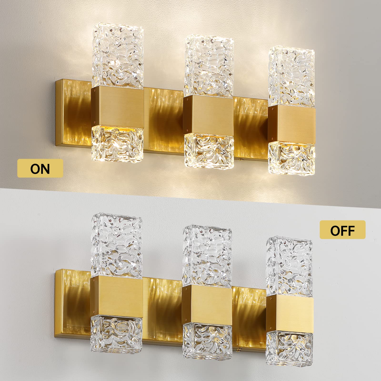 Epinl Gold Bathroom Vanity Light Fixtures Bathroom Light Fixtures Over Mirror 3-Light 4000K Led Crystal Wall Sconces Modern 30W Brushed Hardwired Wall Lights For Bathroom Bedroom Living Room