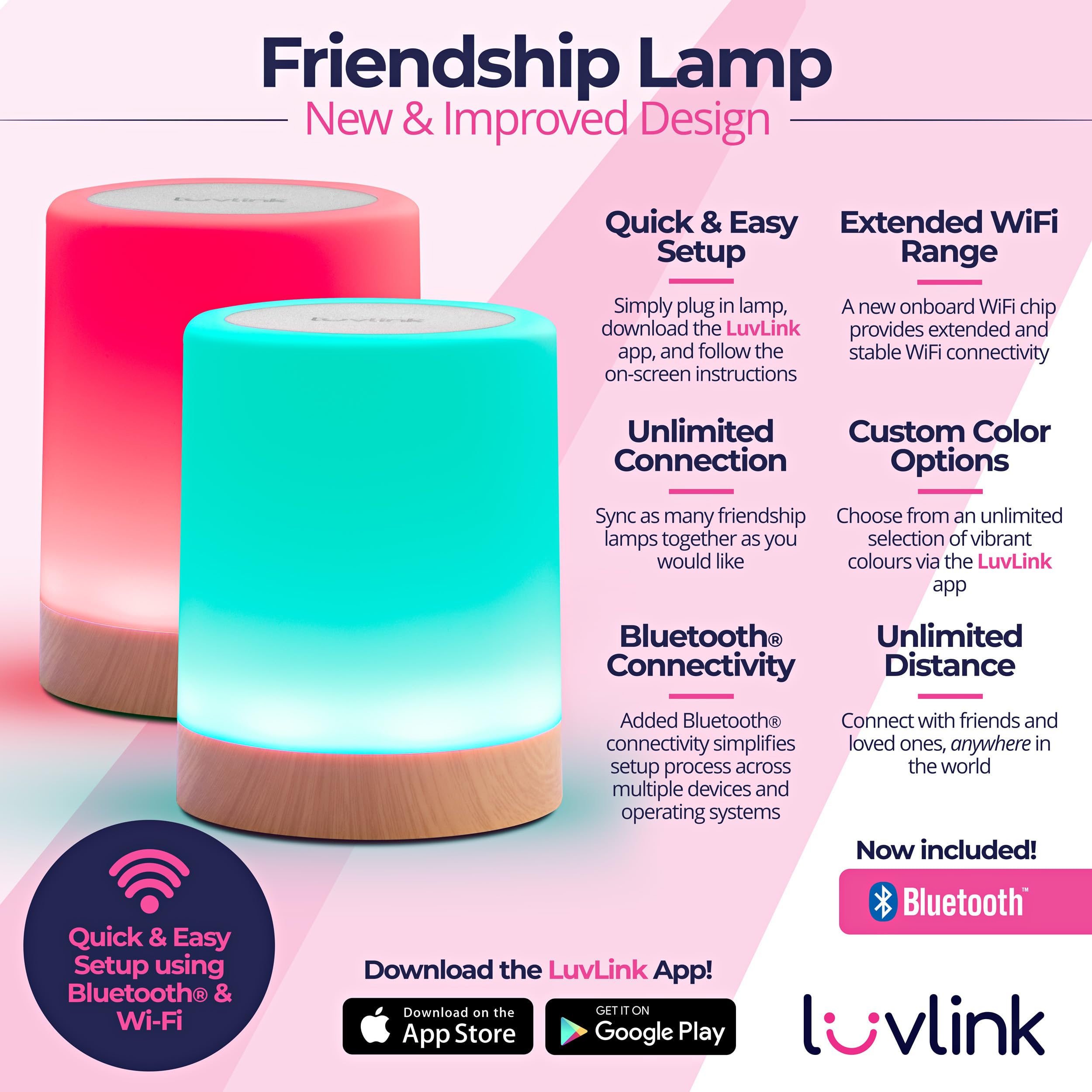 LuvLink Friendship Lamp v2.0 - Extended WiFi Range, Bluetooth Setup, Set of Two, Wood and Metal, Model LLFL02V2
