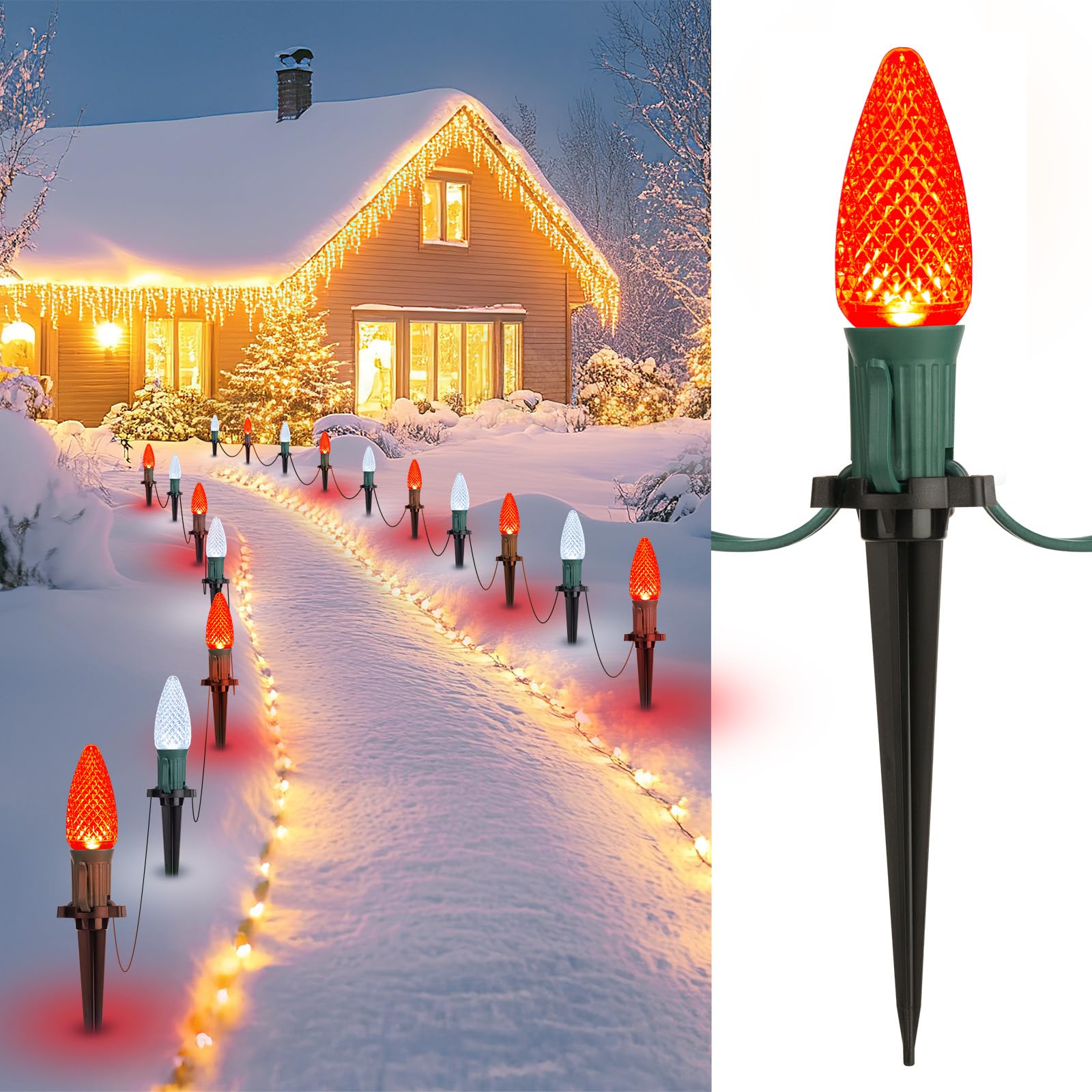 Brightown Strawberry C9 Christmas Pathway String Lights, 25.7 Feet C9 Walkway Lights with 20 Clear Bulbs and Stakes, Connectable