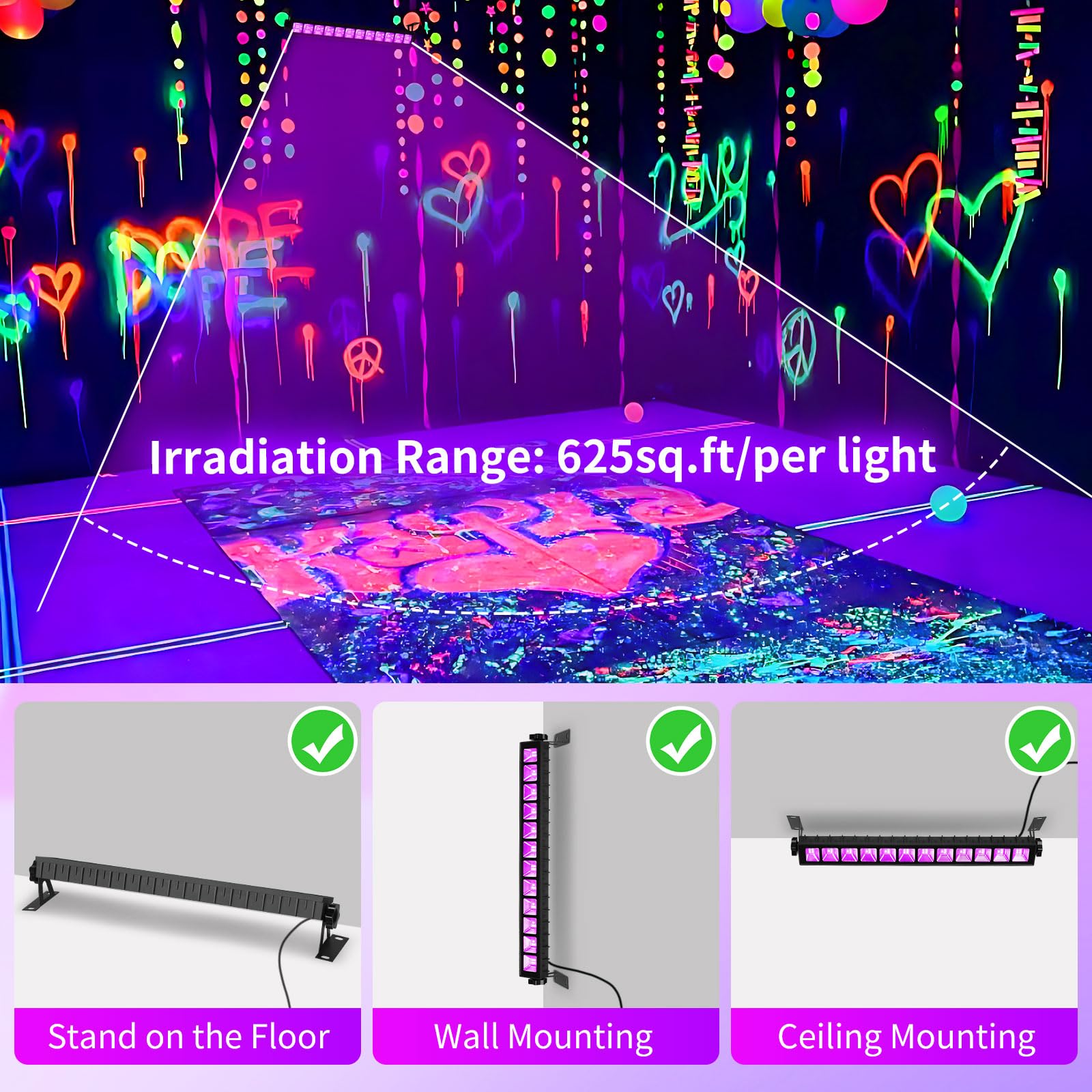 45W Black Light Bar Ip66 Waterproof, Led Blacklight Bar With 6Ft Cord+Switch+Plug, Light Up 25X25Ft Area, Outdoor Black Lights For Glow Party Body Paint Fluorescent Poster Classroom Bedroom Halloween