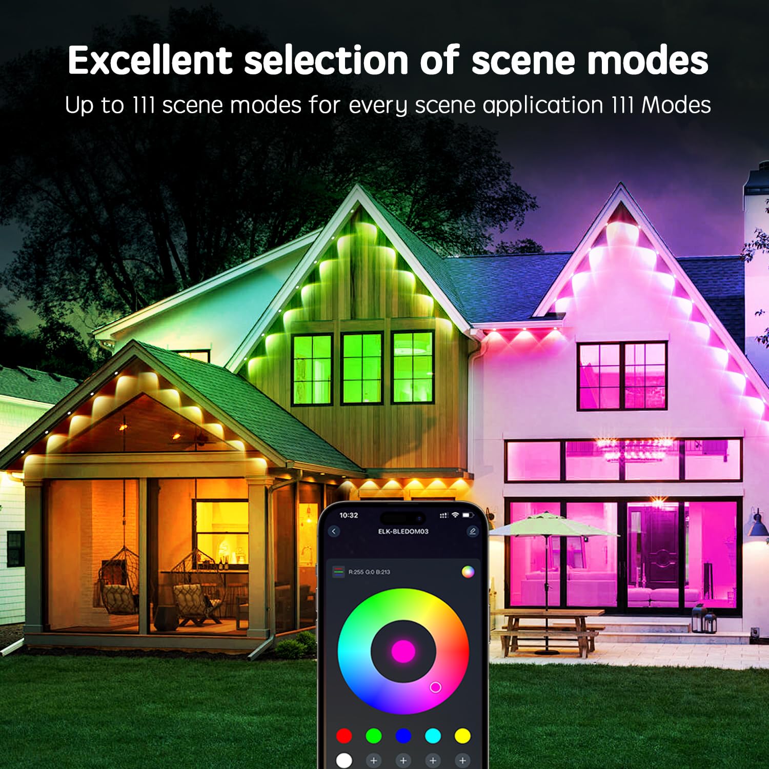 Vrribonx 50FT RGB Outdoor LED String Lights, IP67 Waterproof, Smart App/Remote Control for Holiday Decor and Garden Lighting