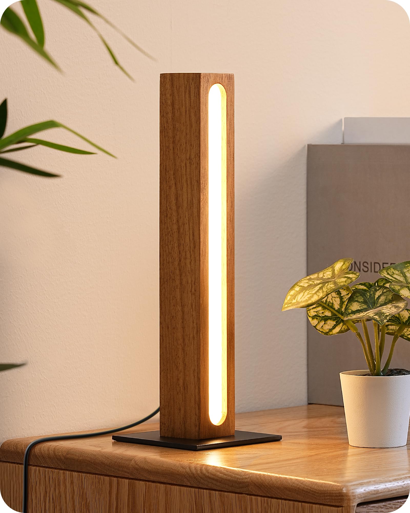 EDISHINE LED Table Lamp, Small Wood Bedside Lamp with 3 Color Temperature, Stepless Dimmable & Memory Function, Touch Control Sq