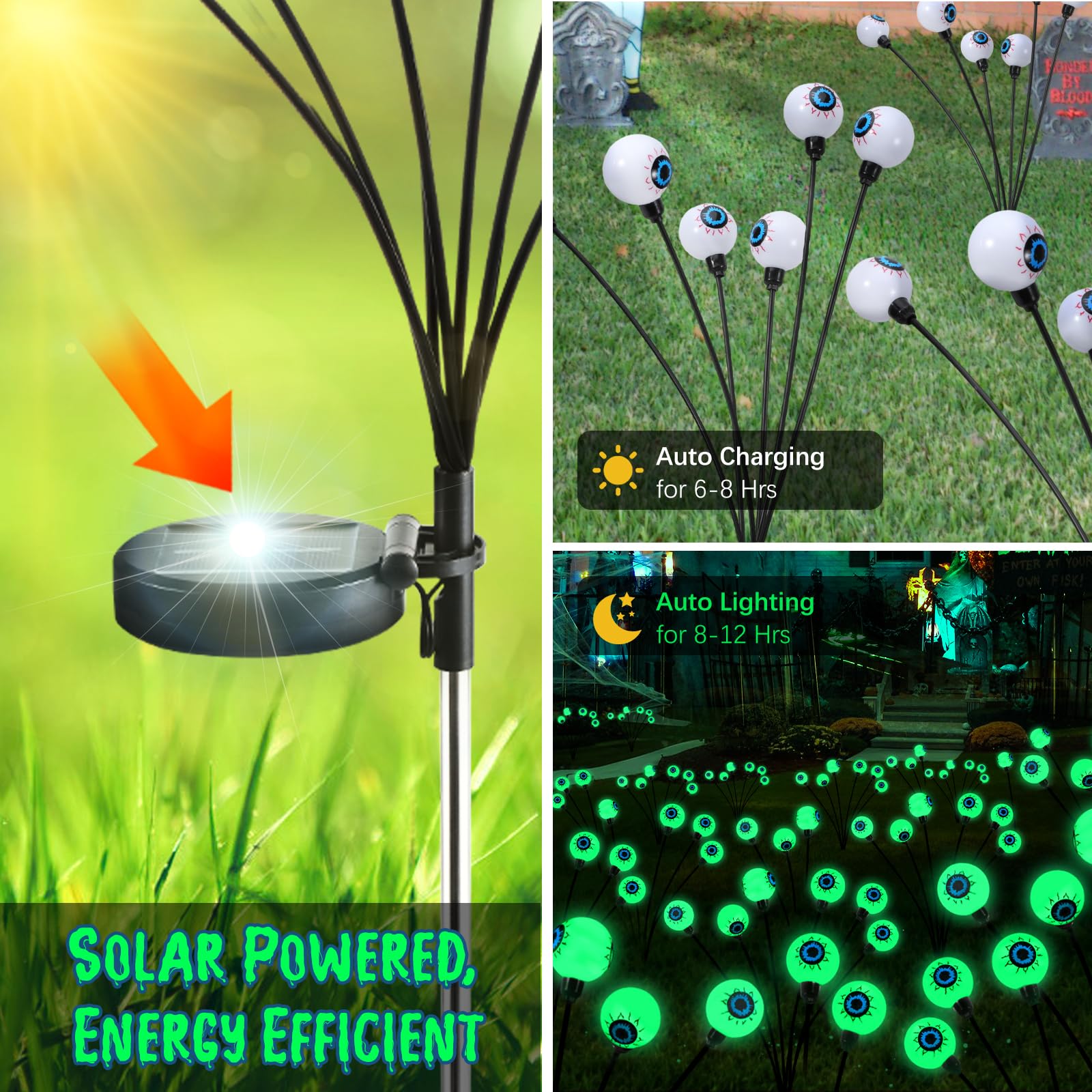 Lewondr Solar Garden Eyeball Lights, 6 Pack, Waterproof Firefly Lamps, Green, Model HD250147