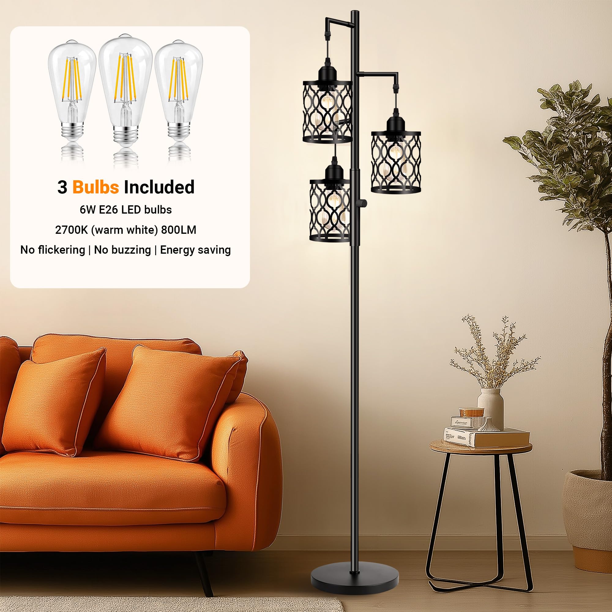 ROTTOGOON Dimmable Industrial Floor Lamp, 68" Black Metal, 3 LED Bulbs, Rustic Design for Living Room, Bedroom, Office