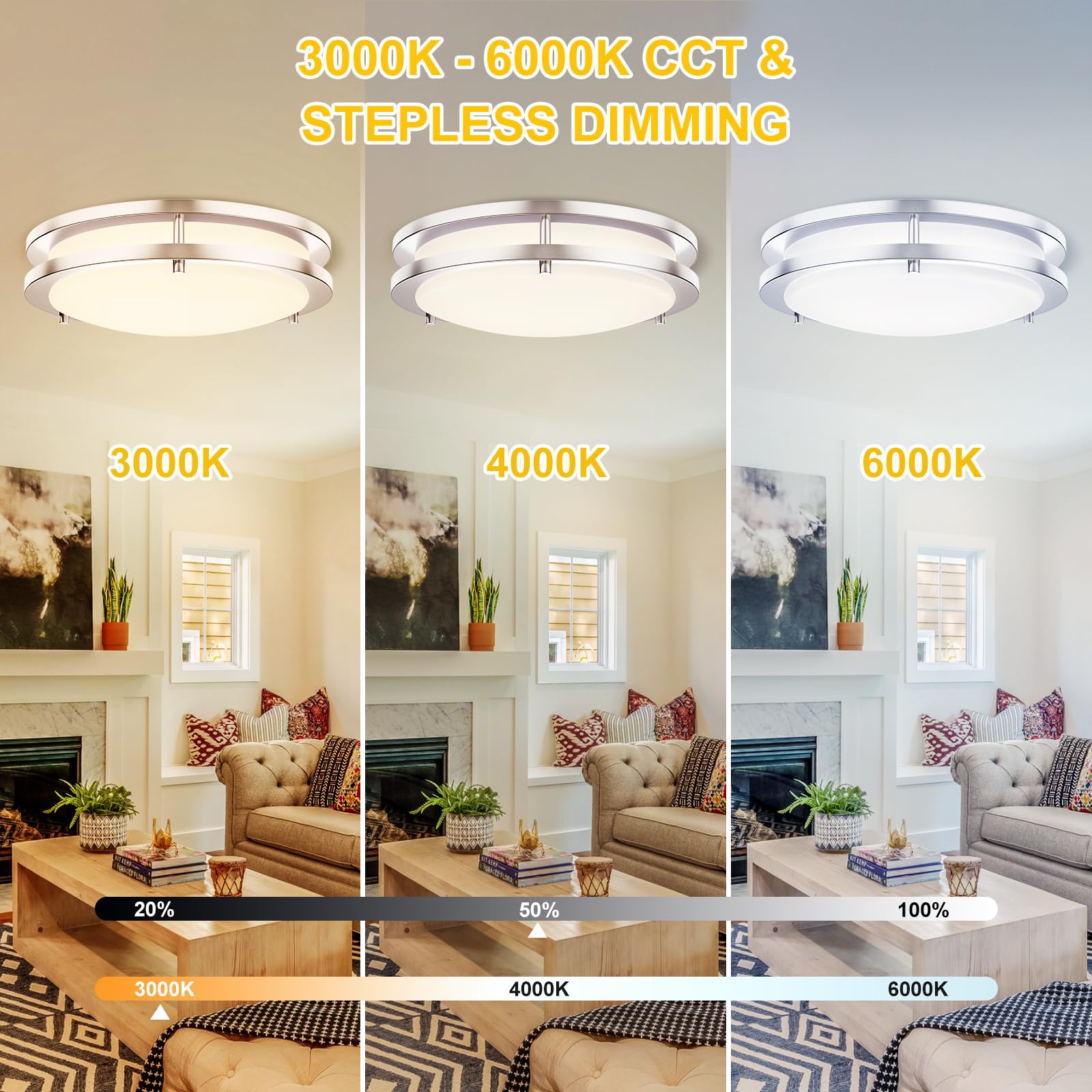 Kalium LED Ceiling Light Fixture, 14 Inch Dimmable, Adjustable 3000K-6000K, Brushed Nickel, Model CL, Hardwired for Kitchen/Bedroom