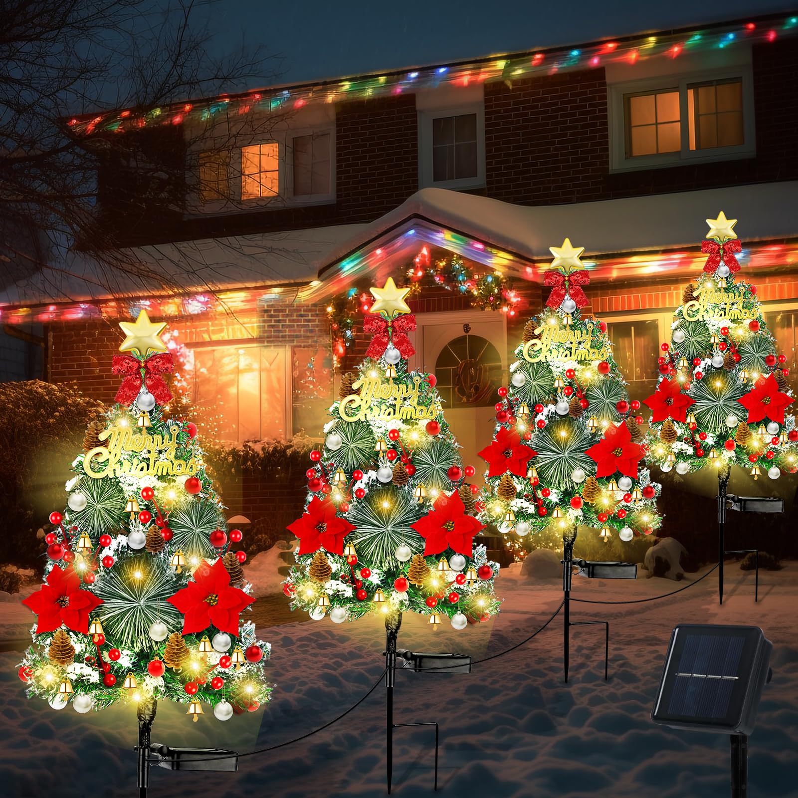 Mukum 32 Solar Xmas Tree Lights - 2 Pack, Waterproof LED Outdoor Decorations with Pinecones, Star & Bells, Yellow Light - 2 Modes for Garden