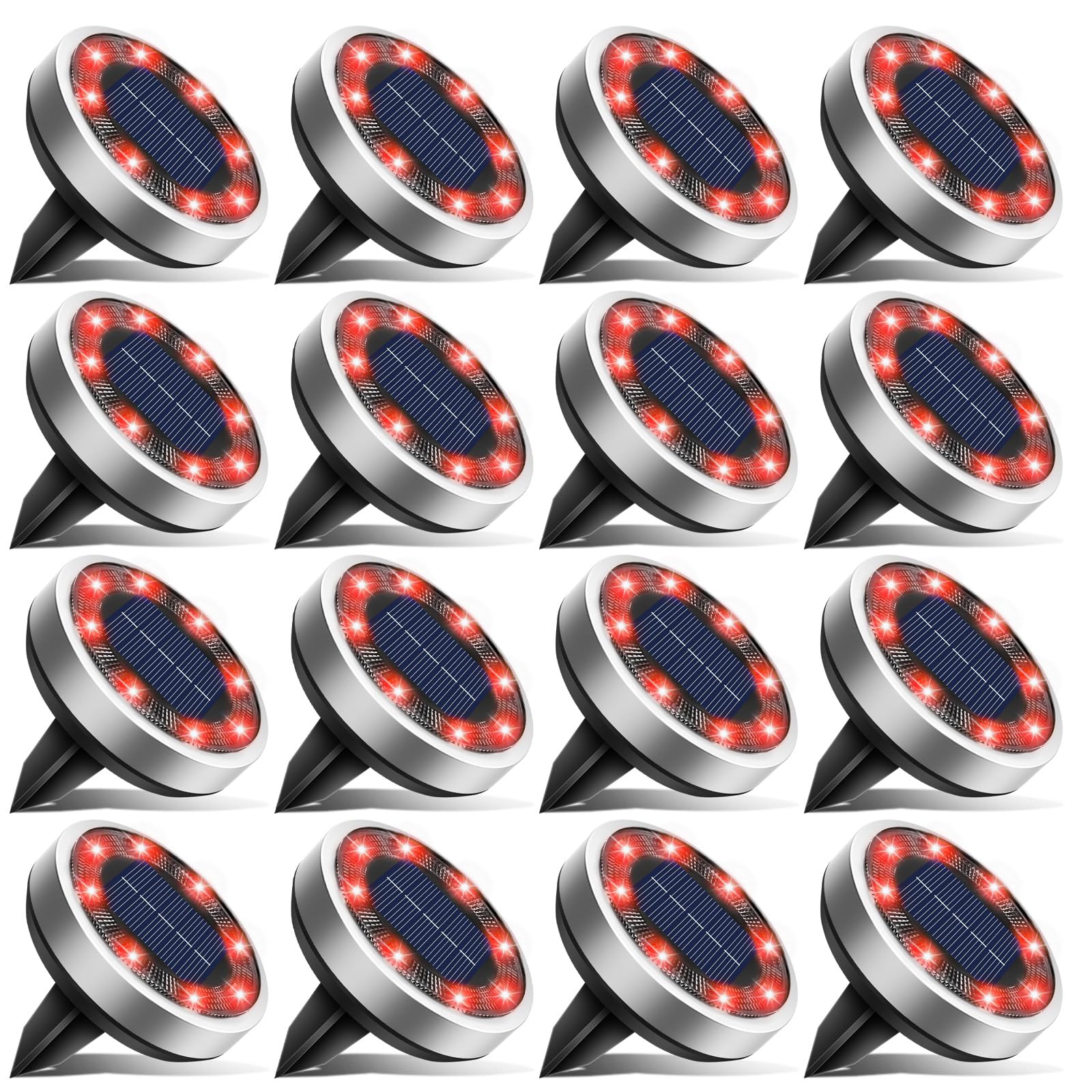 btfarm 16 Pack Solar Ground Lights Outdoor  8 LED Disc Lights IP65 Waterproof Flat Light  Pathway Light Solar Powered for Garden Lawn Patio Yard Path Landscape  Red