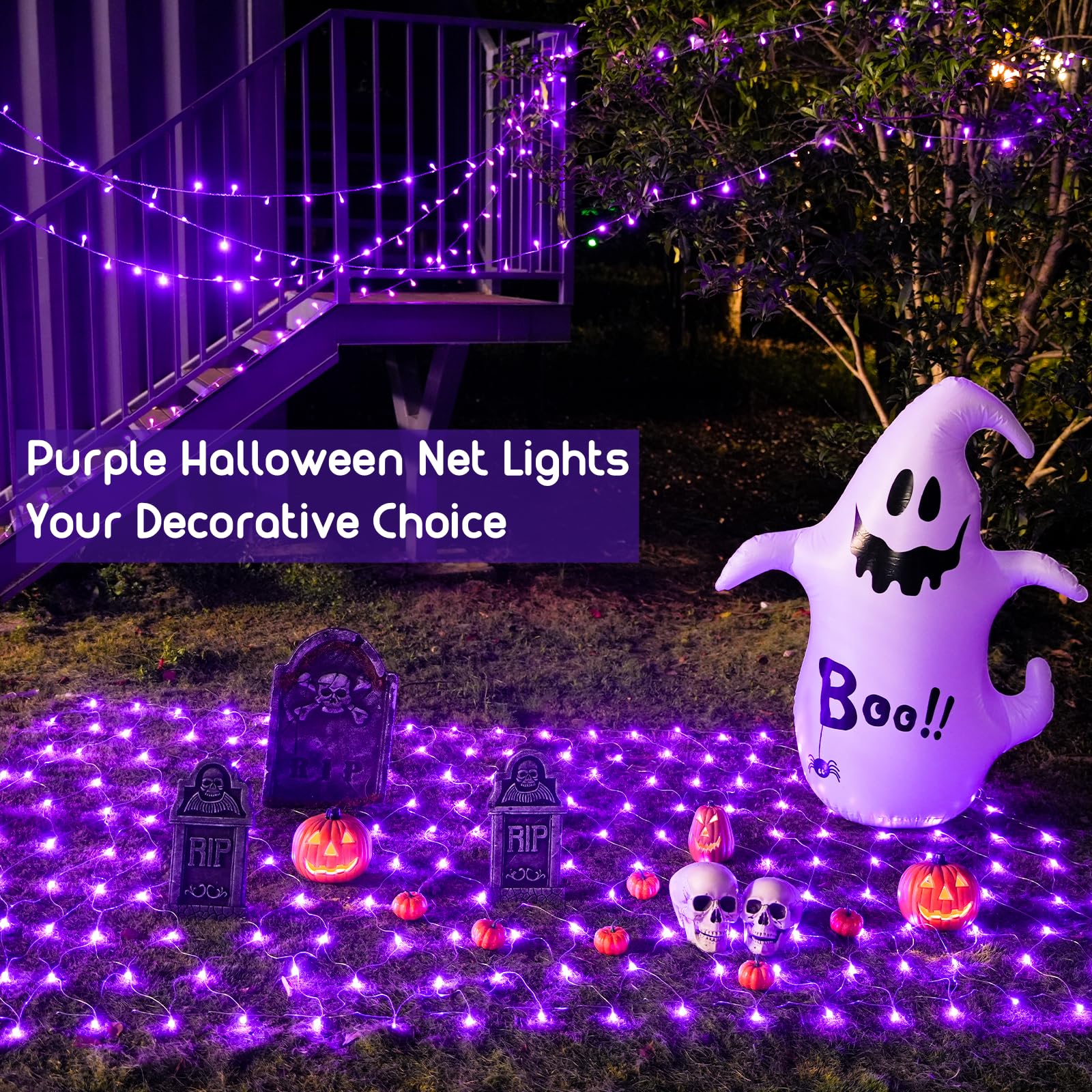 JMEXSUSS 360 LED Purple Net Lights, 12 ft x 5 ft, Waterproof Halloween Bush Lights with Remote, Model EXS-N-0360-R