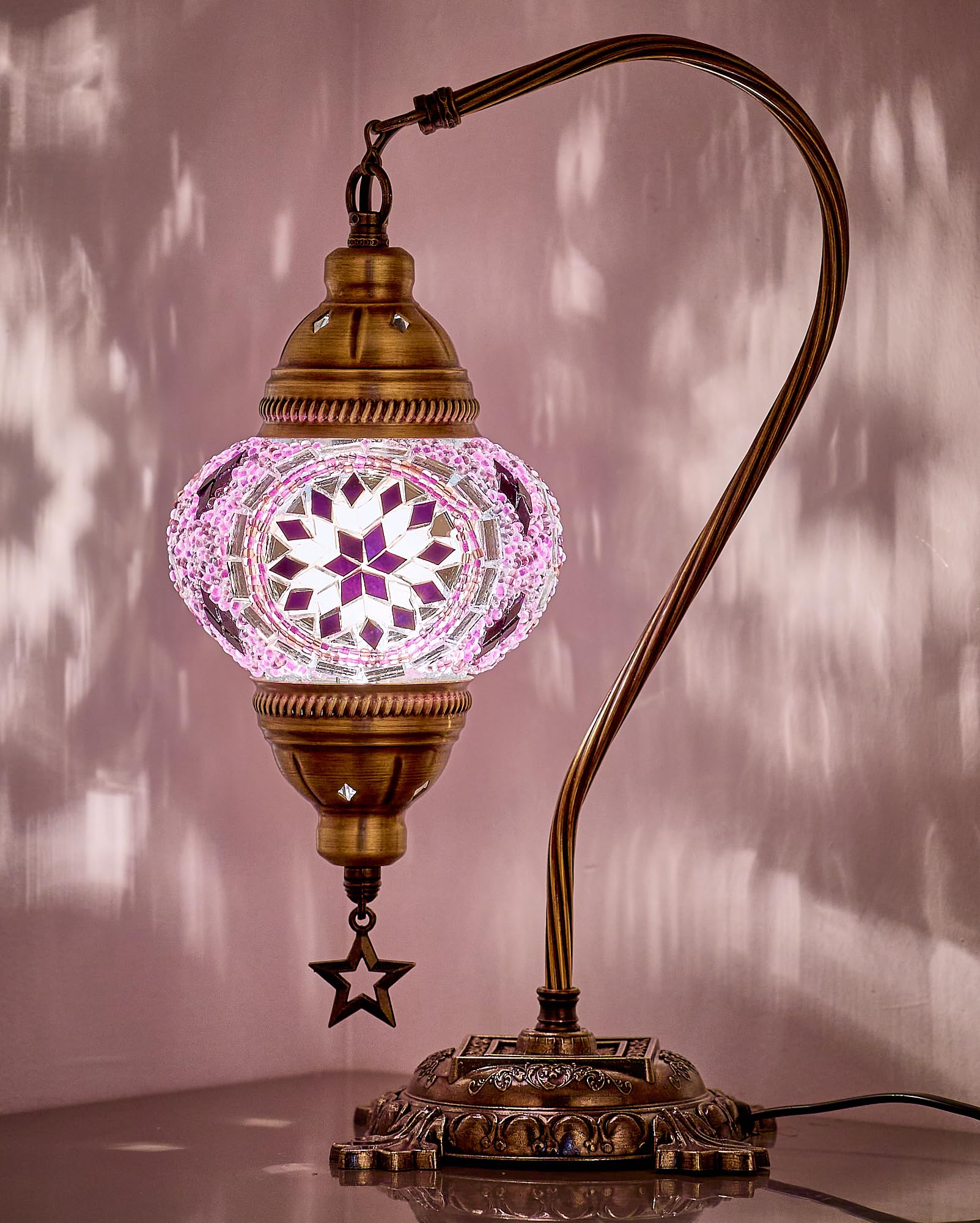 DEMMEX Moroccan Mosaic Table Lamp, 15in H, Brass, Lilac, Model DEMMEXLAMP, Handmade Glass Globe Bedside Desk Lighting