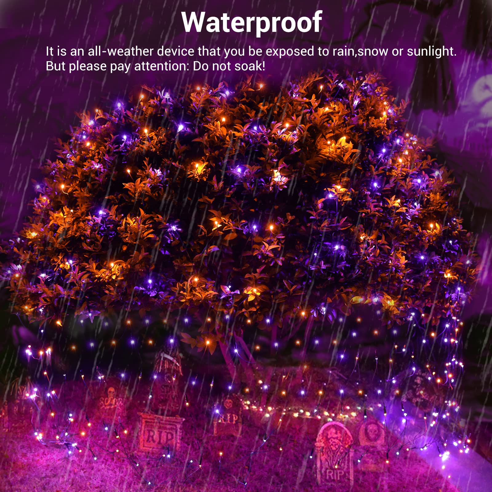 Joomer 12ft x 5ft Halloween Net Lights, 360LED, Orange Purple, Waterproof, Green Wire, 8 Modes Timer, Model JT-EL/FC300V0200