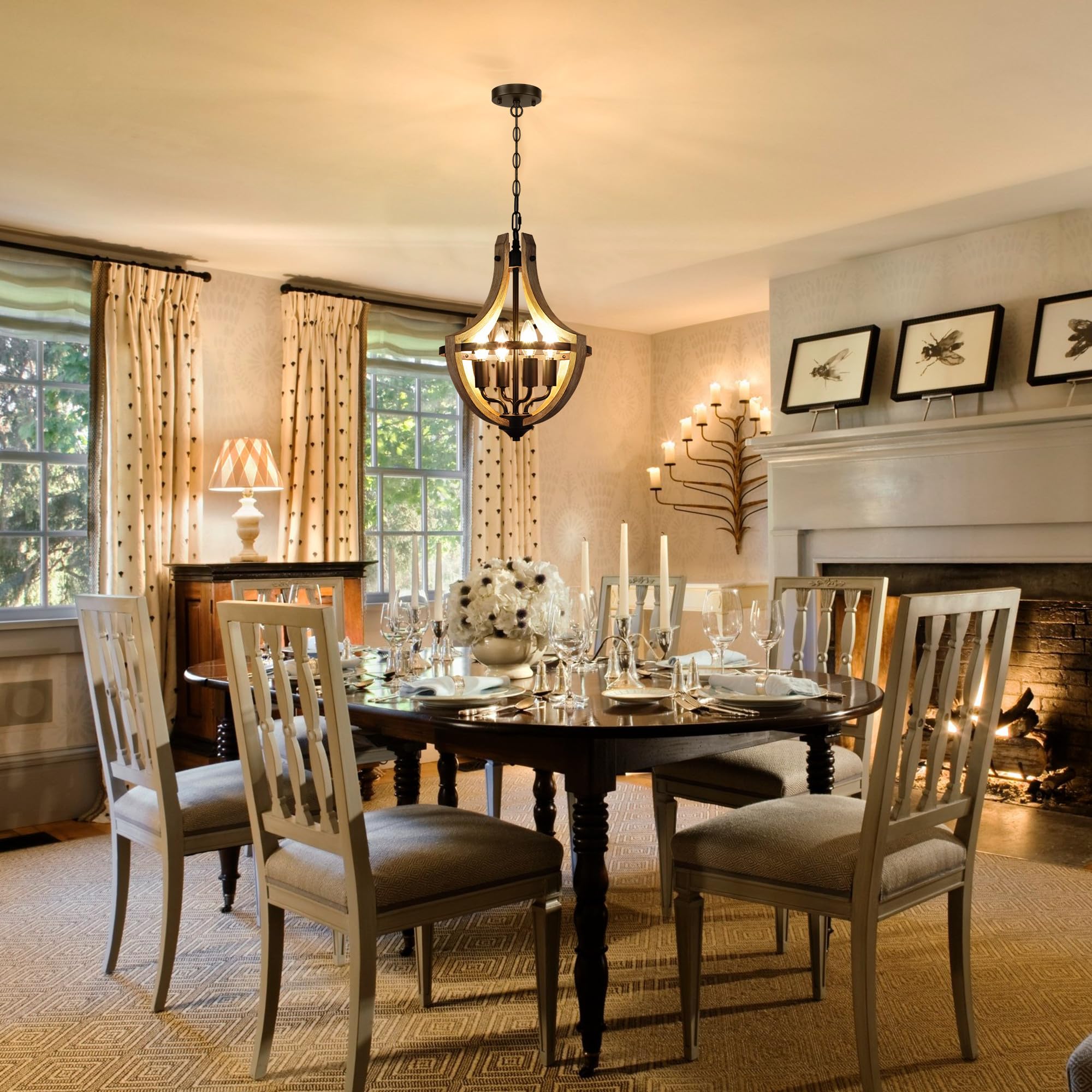 4-Light Farmhouse Dining Room Light Fixture, Adjustable Height Hanging Wood Vintage Pendant Lights For Kitchen Island Hallway Fo