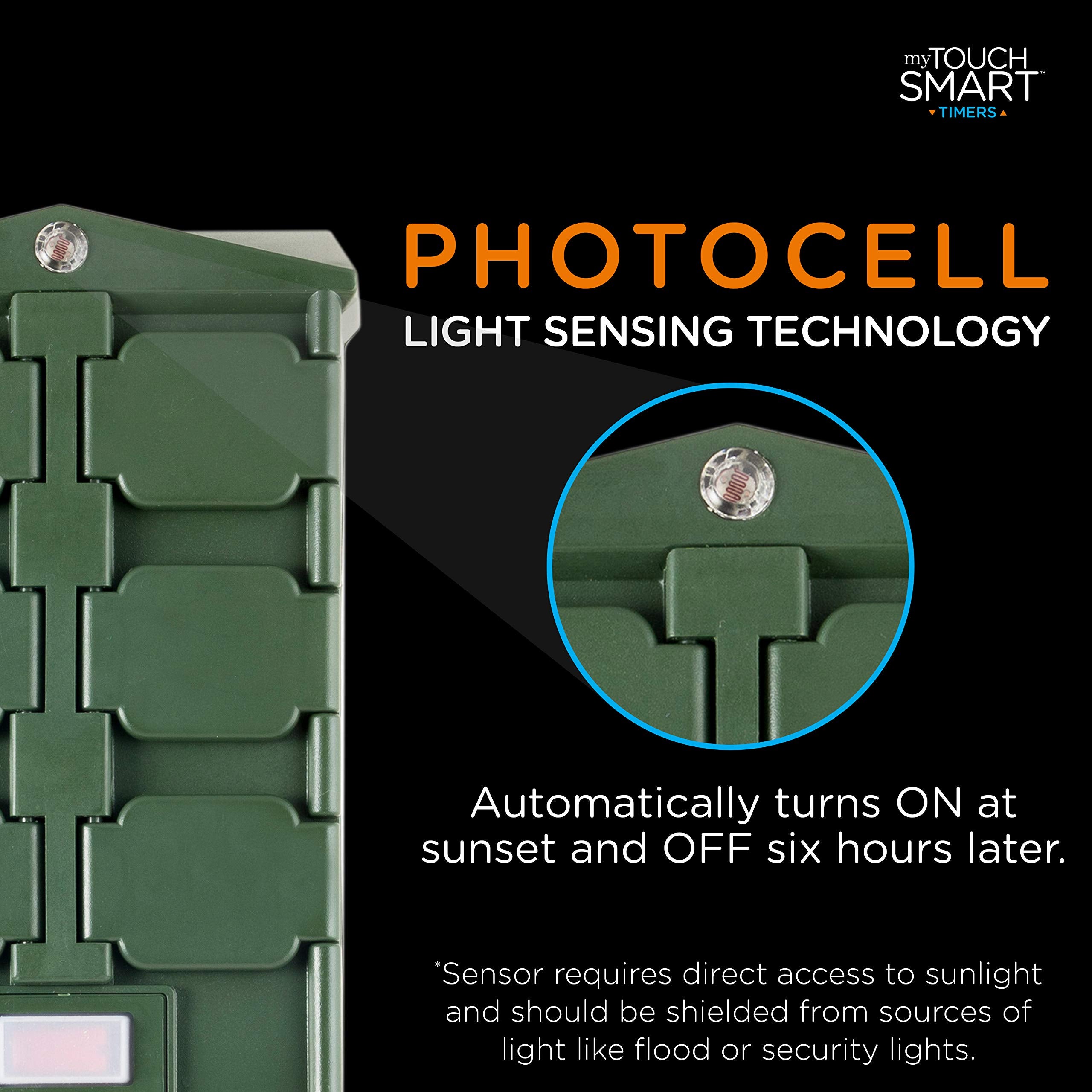 myTouchSmart Outdoor Timer with 6 Outlets, 6ft Cord, Weather Resistant, Model 48708, Green