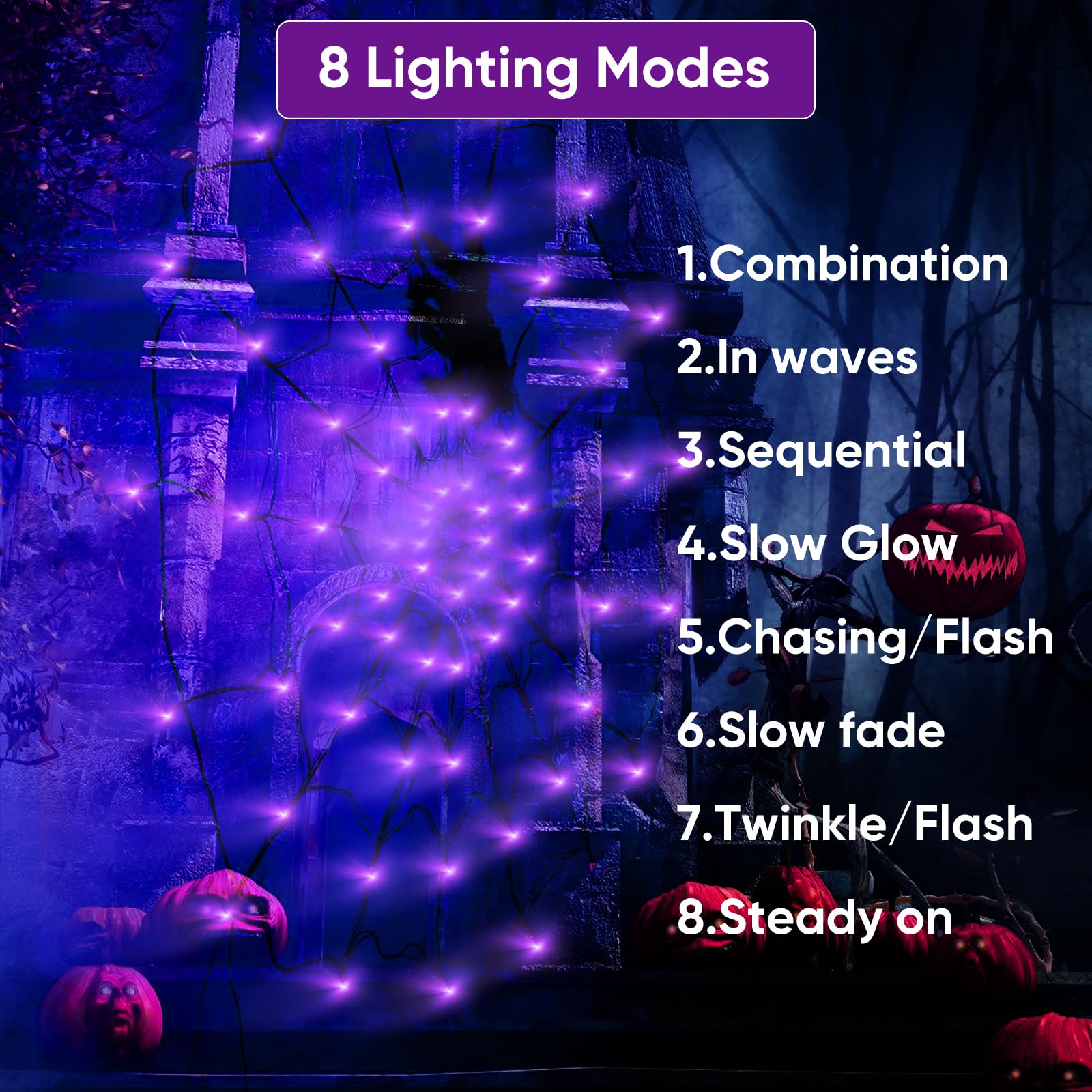Halloween Decorations Spider Web Lights - 2 Pcs Light Up Spider Web, 4Ft Diameter 70 Led With Black Spider, Waterproof, Remote Control, 8 Modes Cobweb Halloween Decorations (Purple+Orange)