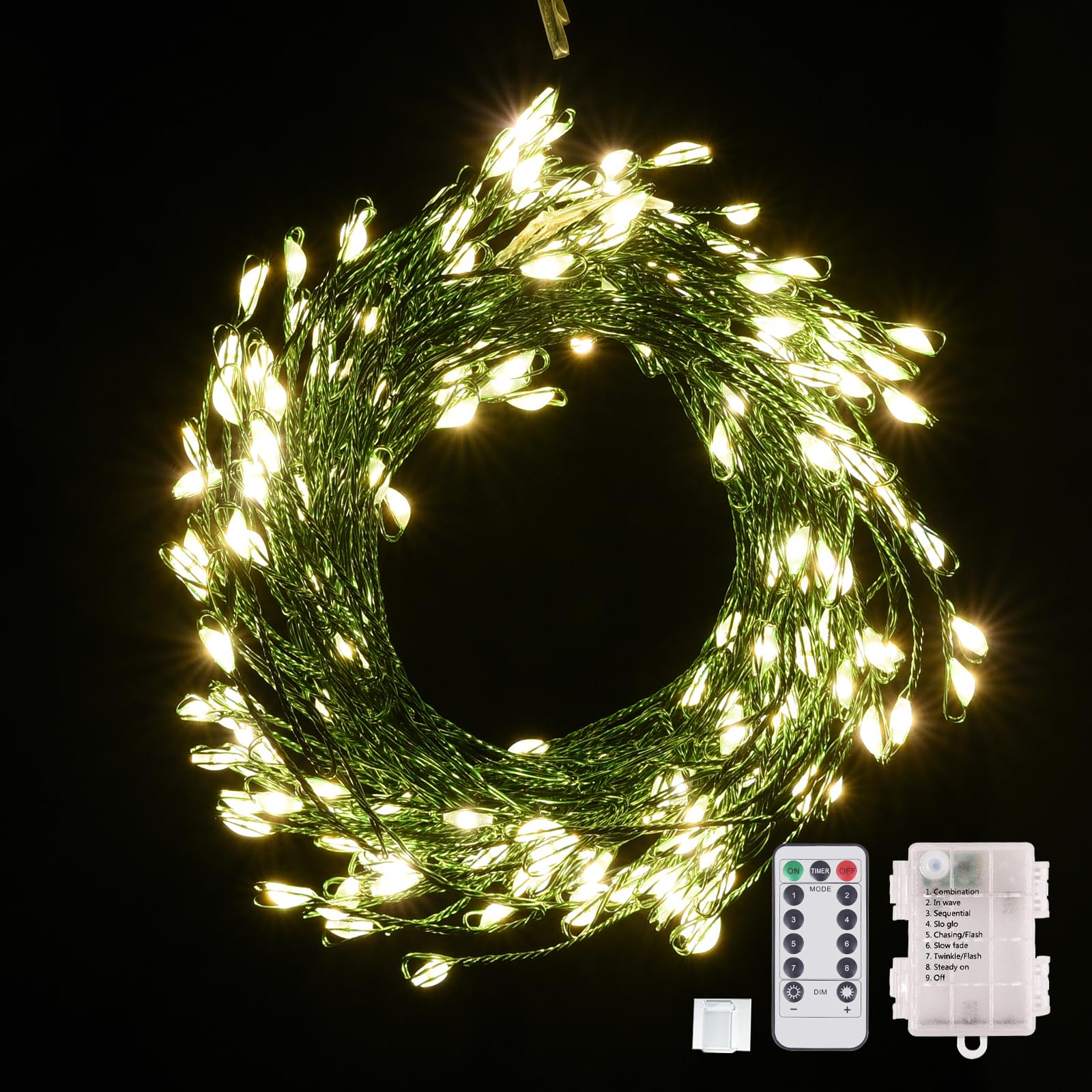 Battery Operated Fairy Lights with Remote 200 LED Christmas Twinkle Lights with Timer 16Ft Green Wire Battery Power Christmas Wreath Lights Waterproof String Lights for Bedroom Garland Outdoor Tree