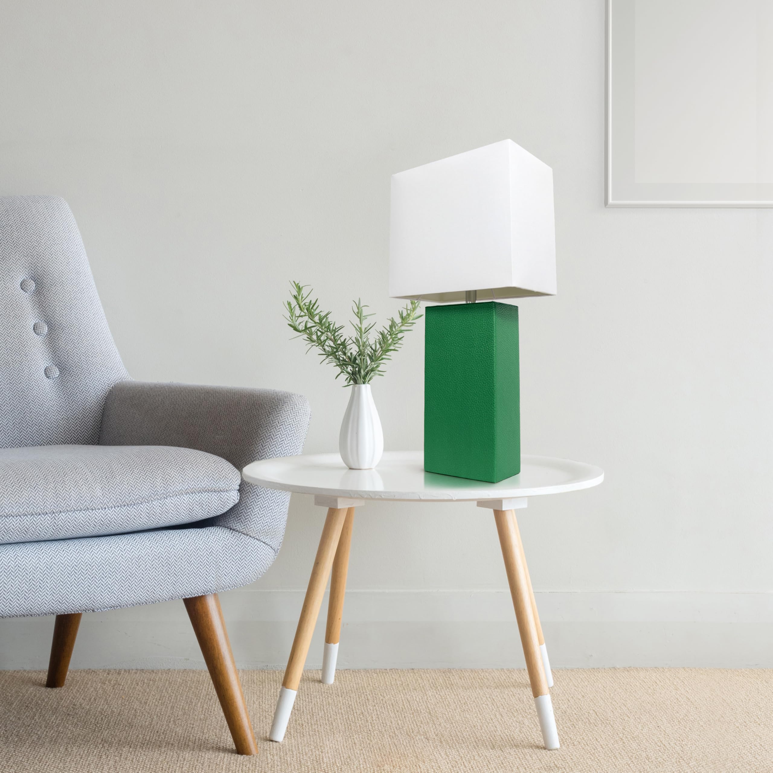 LALIA HOME Modern Bedside Table Lamp, 21in, Leather Base, White Fabric Shade, Green, Model LHT-3008