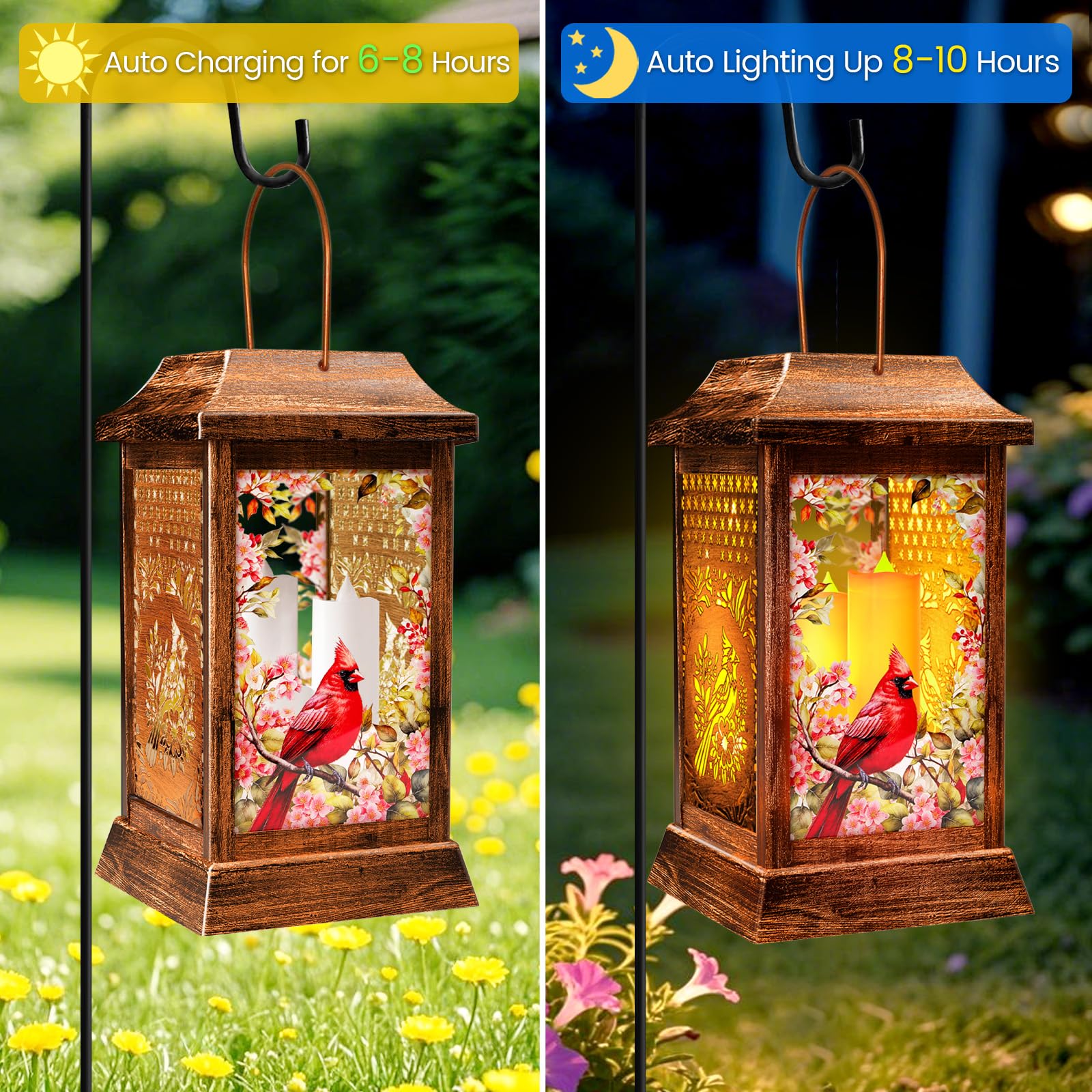 VOOKRY Cardinal Solar Lanterns - Metal Glass Outdoor Hanging Lights for Garden, Waterproof Decor, Gifts for Women, Model LKLZ-X