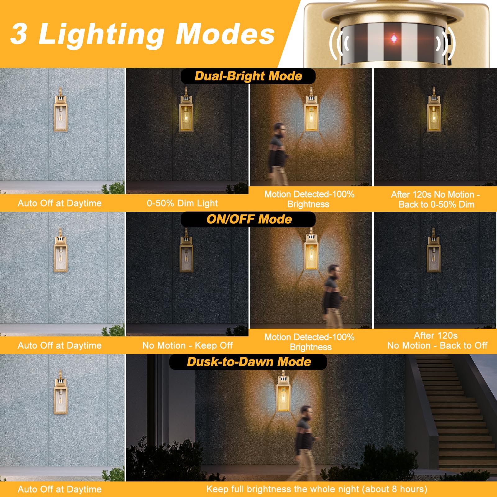 Yolsunes Motion Sensor Outdoor Wall Lights 2 Pack - Gold Dusk To Dawn Light Fixtures Wall Mount, Modern Exterior Wall Sconces, L
