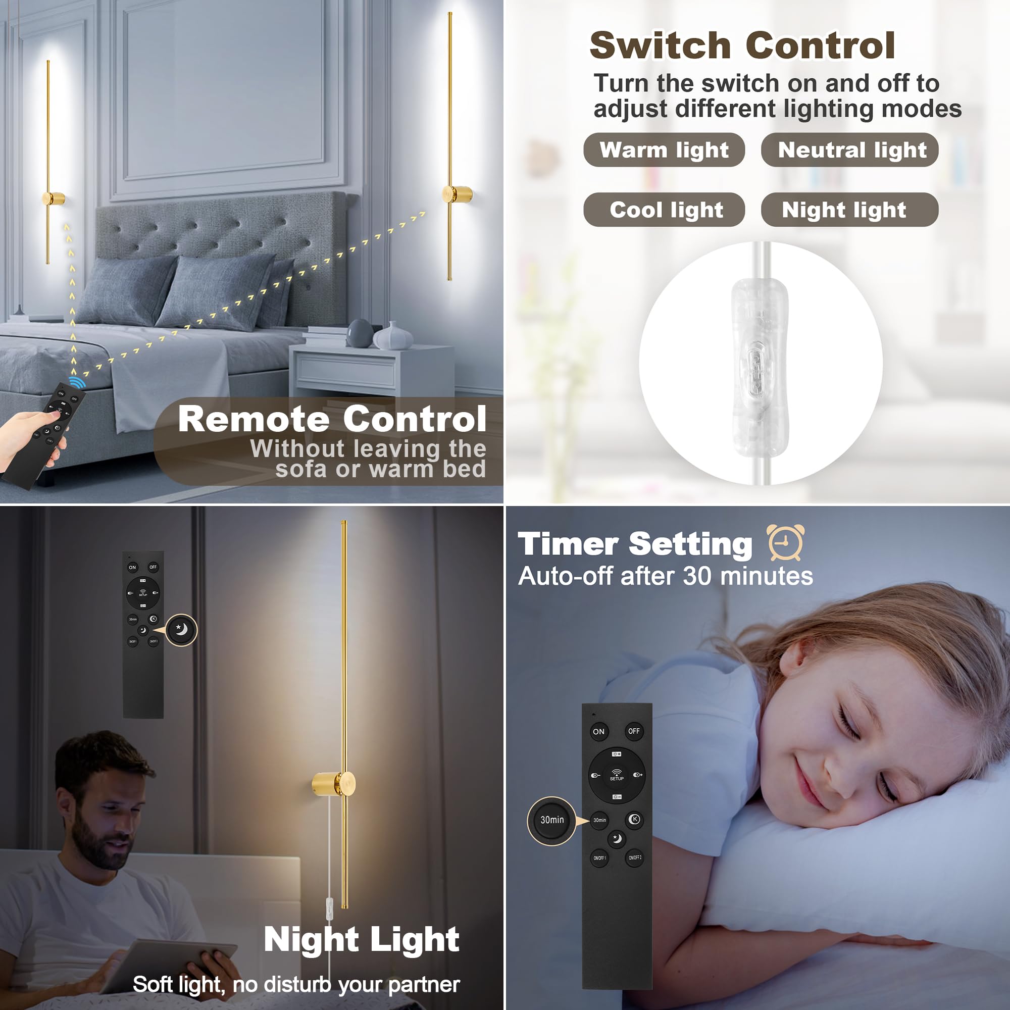 Goodate Led Wall Sconces Set Of 2 With Remote, 3000K-6500K Dimming, Gold,