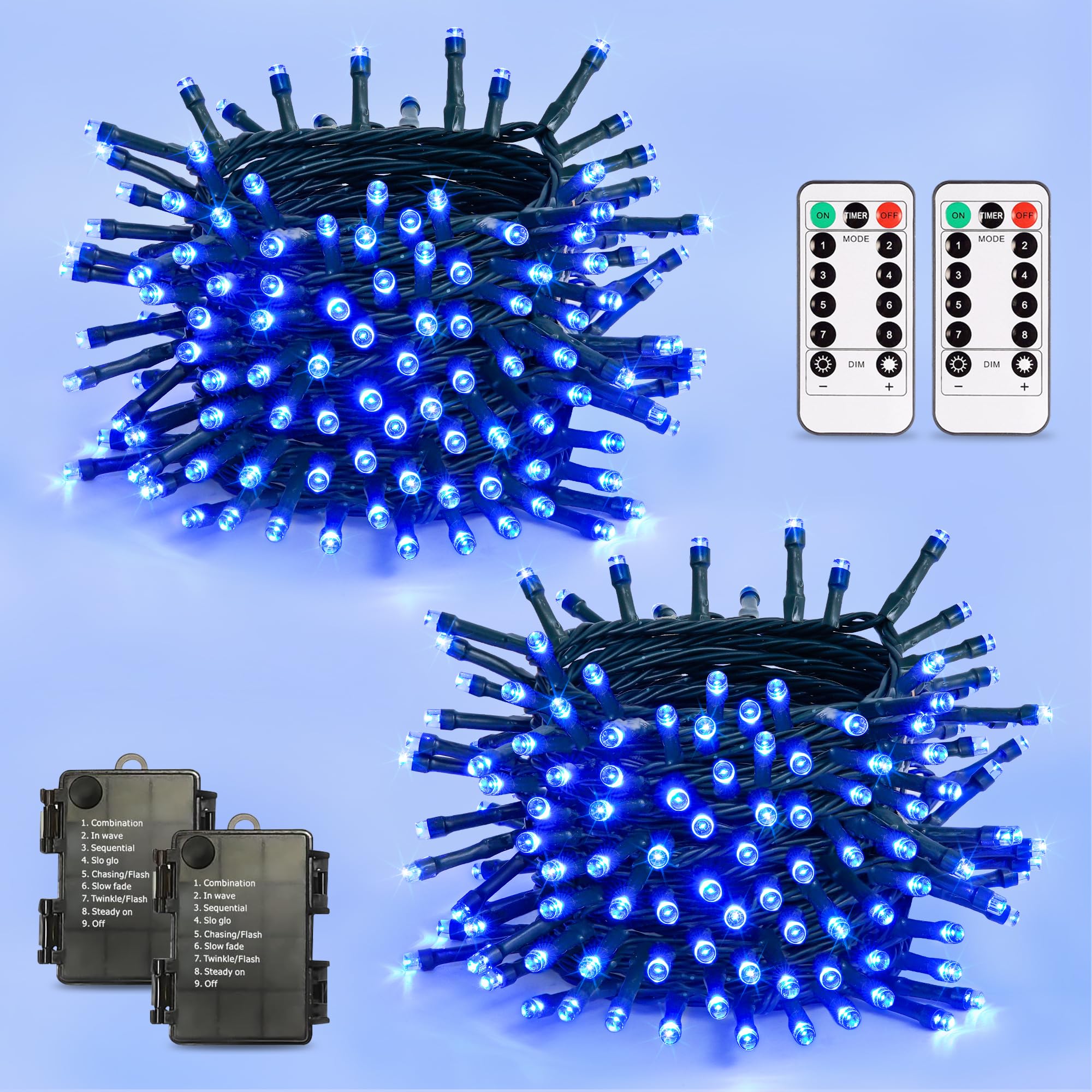 JMEXSUSS 2 Pack 100 LED Blue Christmas Lights Battery Operated, Each 33 FT Blue String Lights Indoor Outdoor Waterproof,Christma