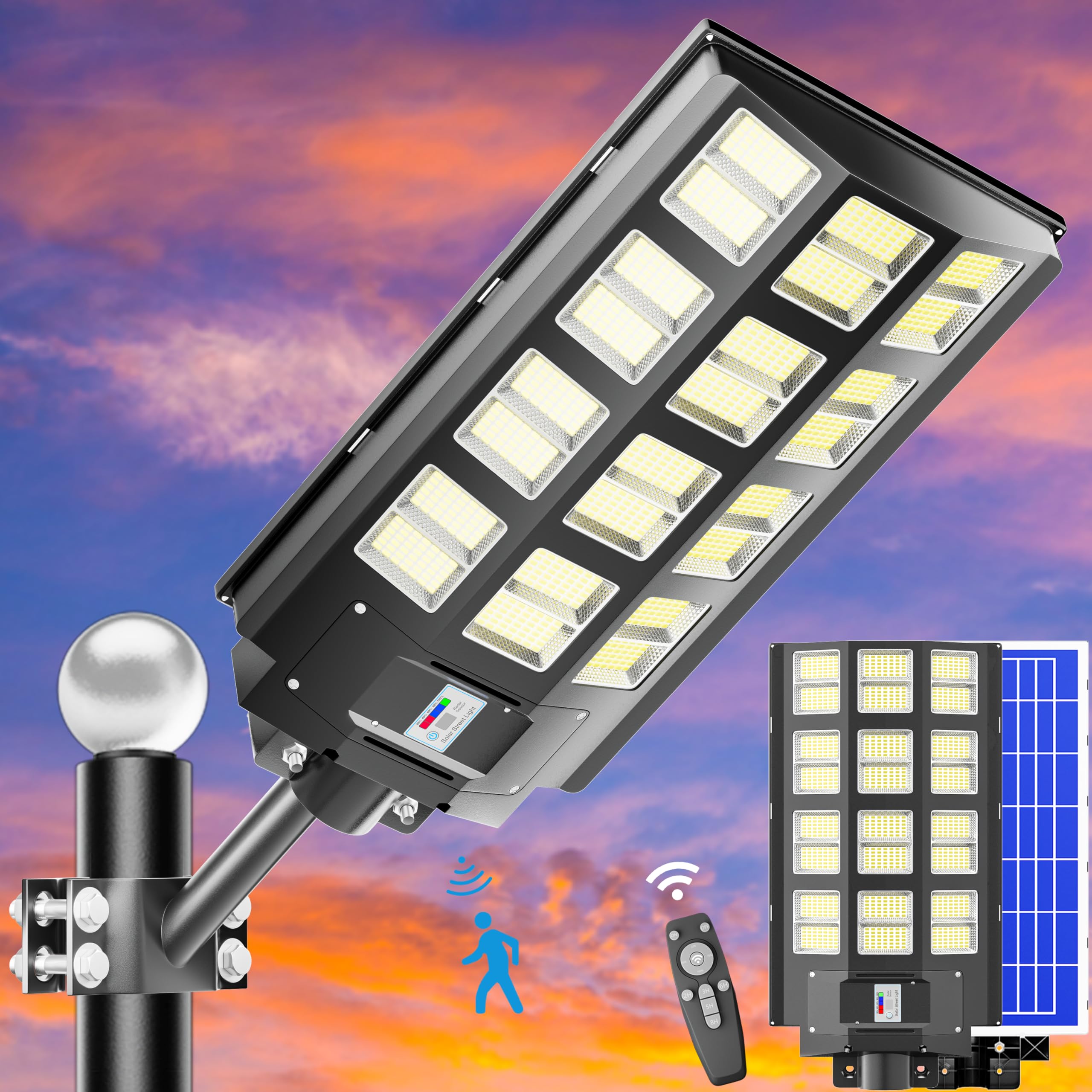 Vzyhik Solar Street Lights Outdoor Waterproof, 8000W Solar Flood Lights Outside LED Street Lamp Dusk to Dawn with Motion Sensor,