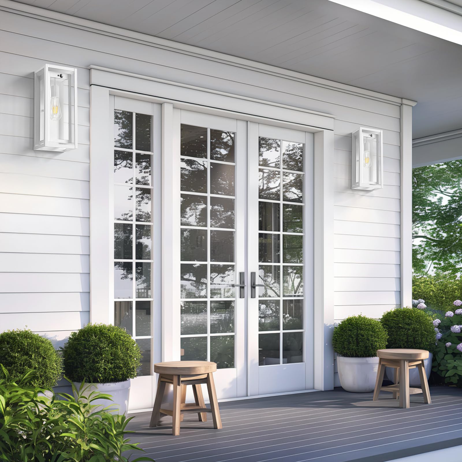 Slypadan 15 Motion Sensor Outdoor Lights  2 Pack Large White Outdoor Light Fixture  3 Lighting Modes Waterproof Anti-Rust Wall Sconces  Exterior Lighting Fixtures For Front Door  Porch  Garage