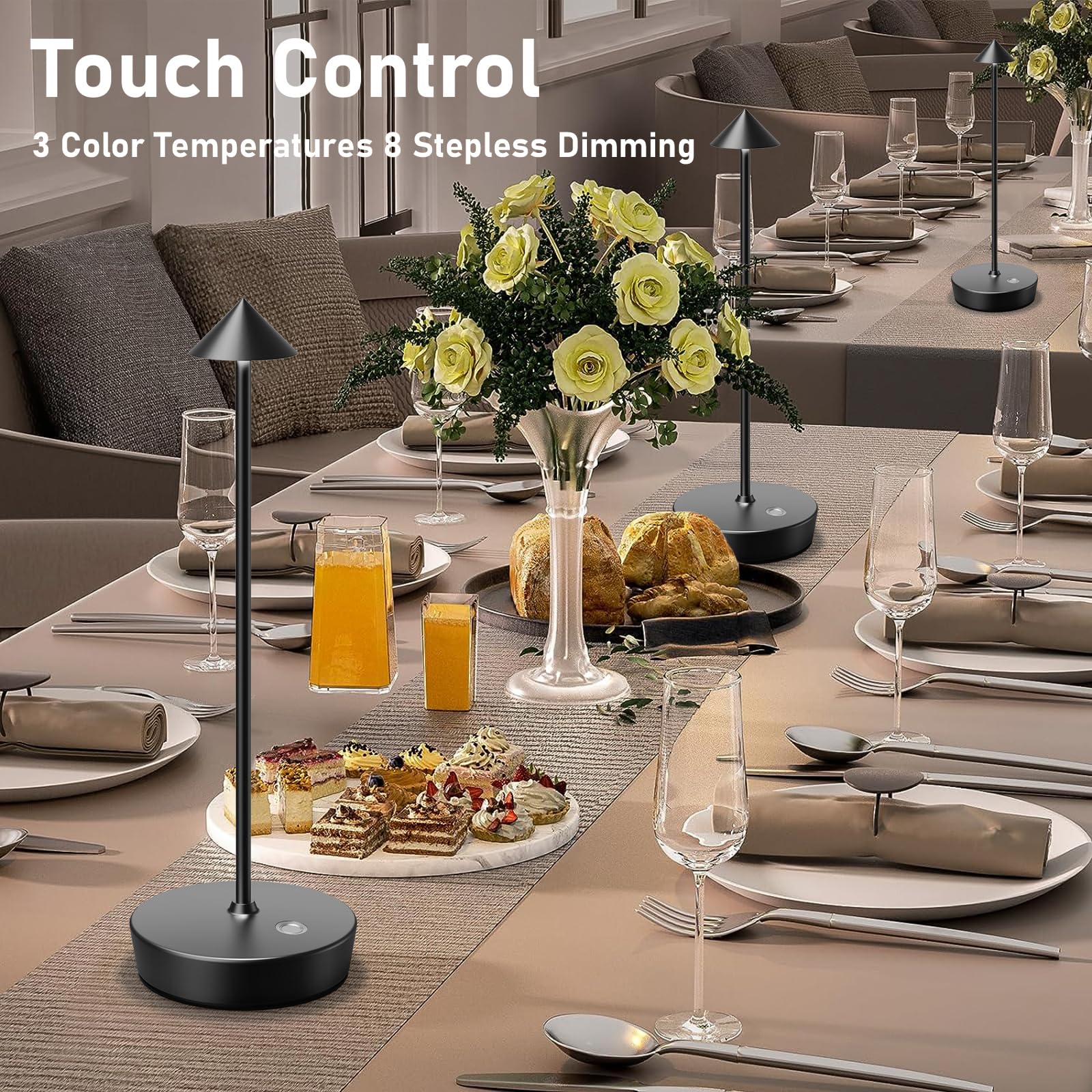 Tpczqj Set of 2 Cordless Table Lamps, 6000mAh LED, Touch 3 Color Dimming, 13inx4in, Black