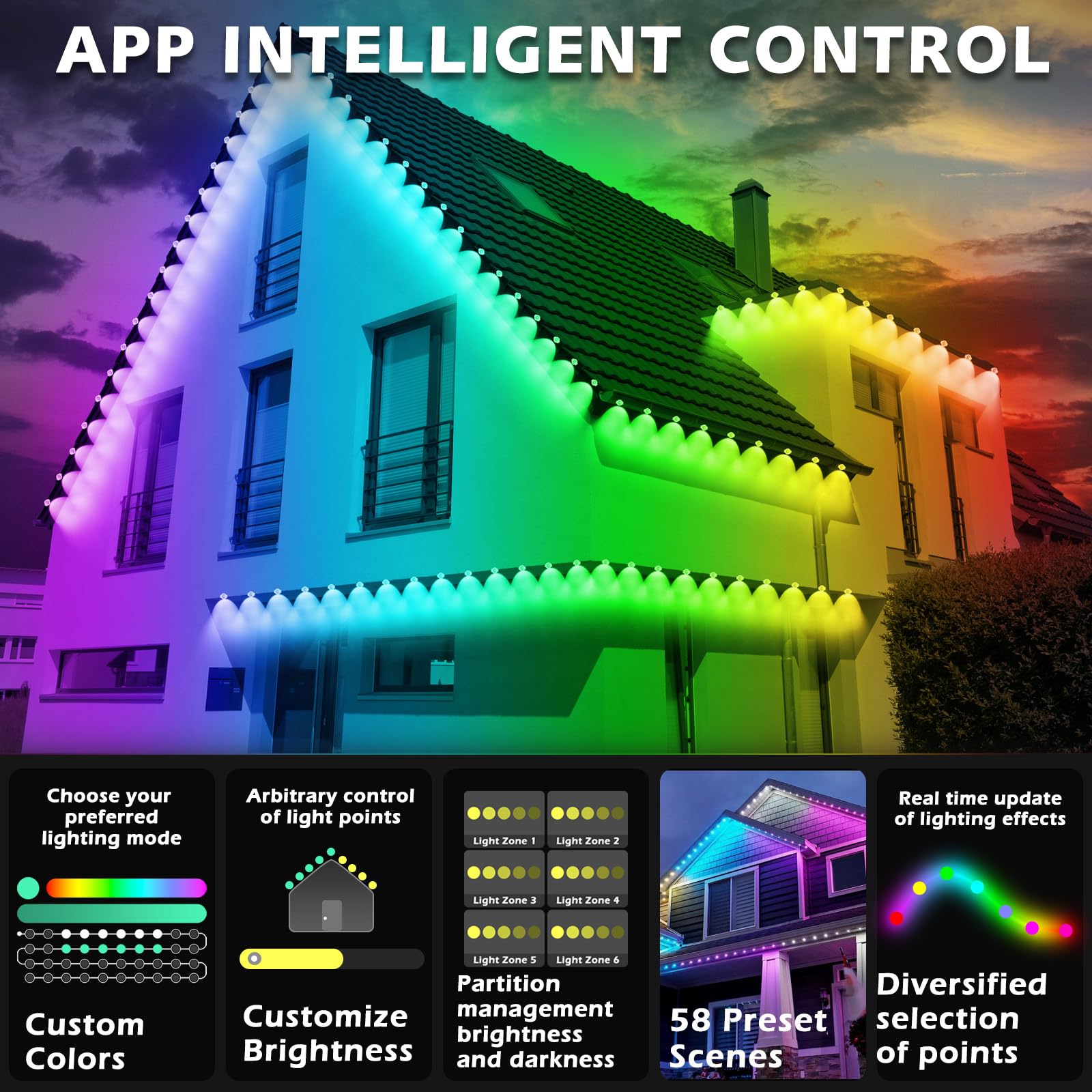 SINLEY 300FT RGB Outdoor Lights, App Controlled Eaves Lighting, IP67 Waterproof, DIY Scene Modes, Model 400ft