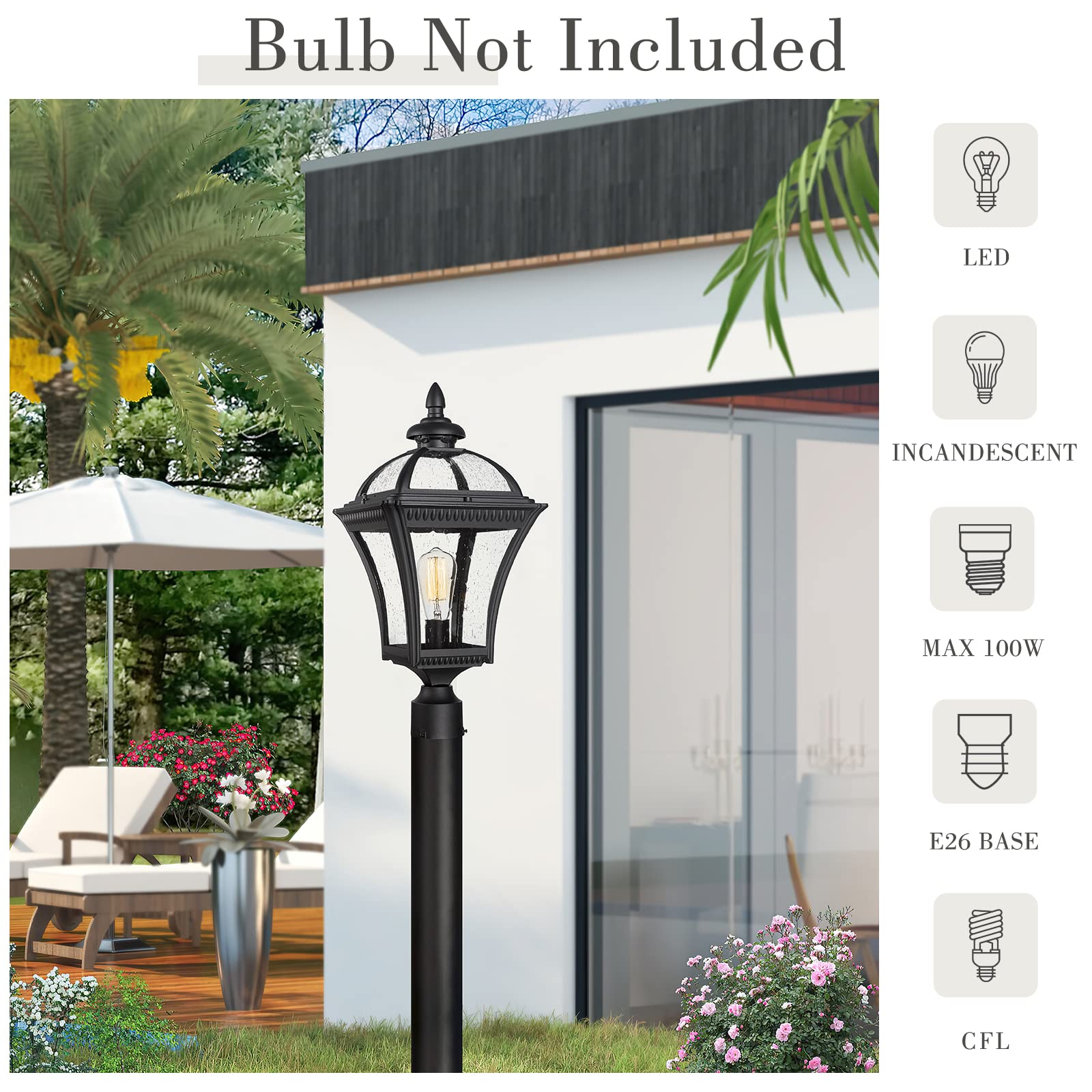 Emliviar 22 Inch Outdoor Post Light, Farmhouse Vintage Outside Pole Light For Yard, Aluminum With Seeded Glass, Black Finish, Xe