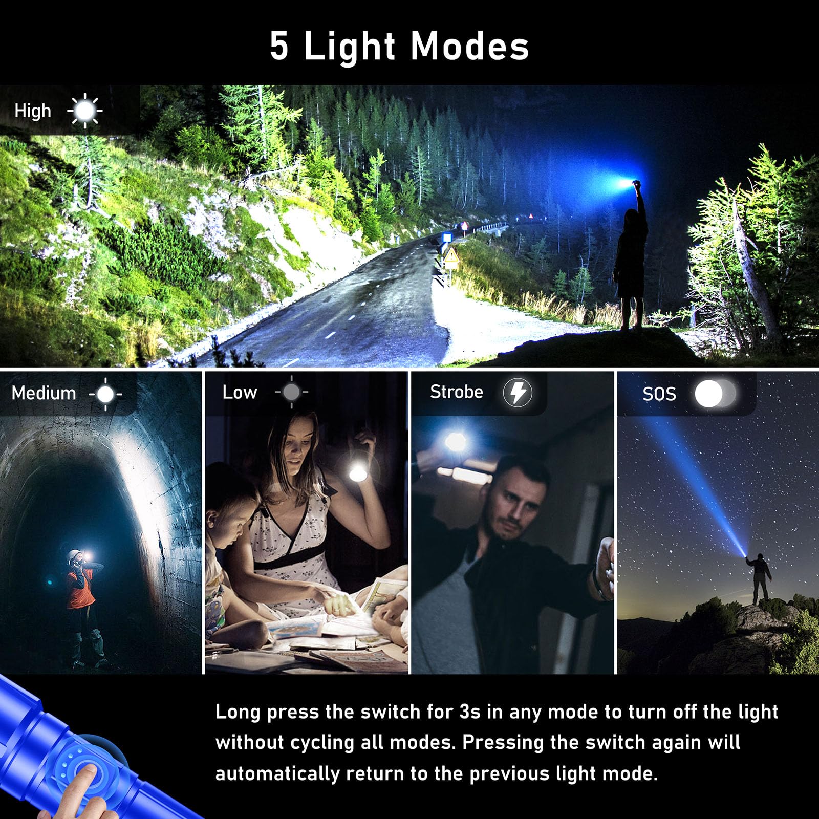 Blukar Rechargeable Flashlight - High Lumens LED Torch, 5 Modes, Zoomable, Waterproof, Aluminum, Blue, Model K9138