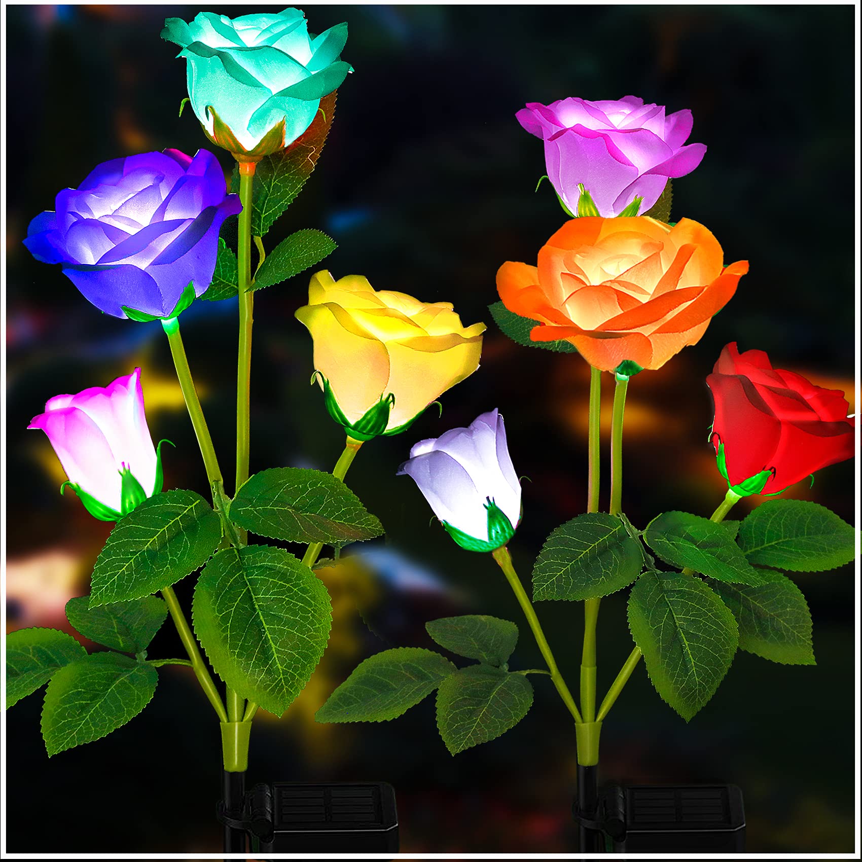 TONULAX Solar Garden Lights - 7-Color Changing Rose Lights, 2 Pack, Enlarged Solar Panel, Multicolor, Plastic