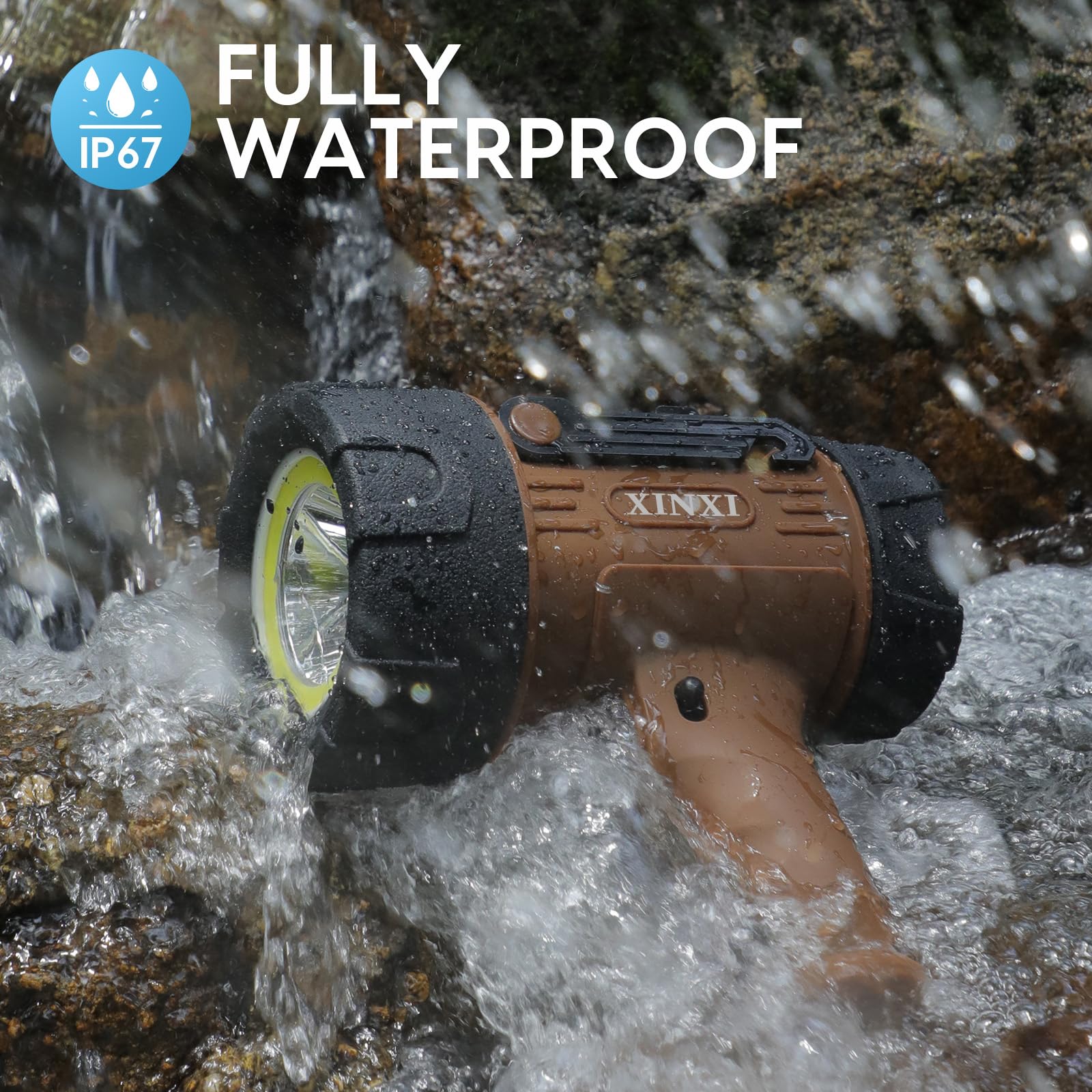XINXI Rechargeable 1000000 Lumens Spotlight with COB Floodlight, 6 Modes, USB Charger, IP67 Waterproof, Model X-011BR, Brown
