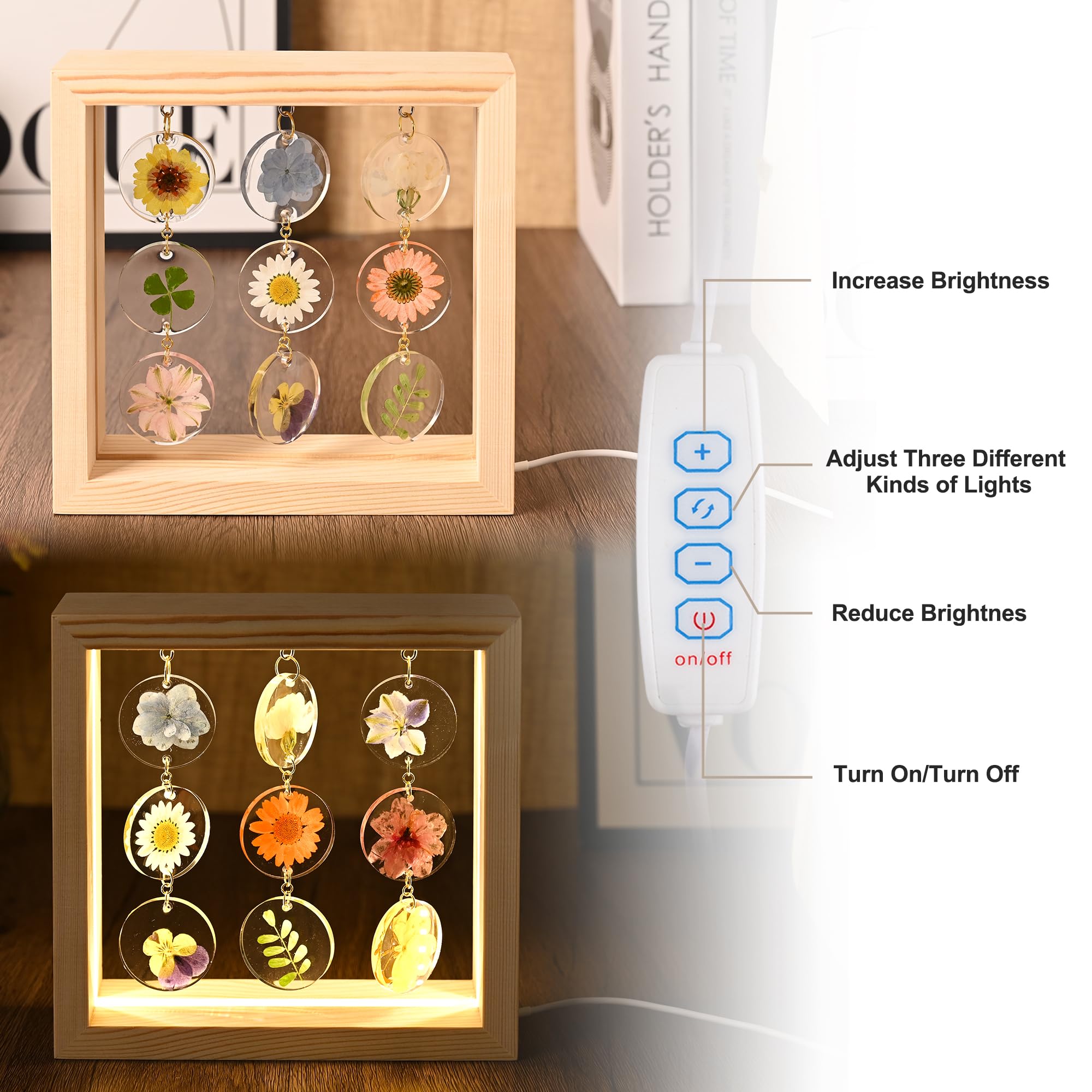 Smuk Dried Flower Led Table Lamp, Handmade Aesthetic 3 Way Dimmable Decorative Pressed Flower Desk Lamp With Wood Frame For Bedroom, Living Room, Office, Desk, Table Unique Bedside Lamps