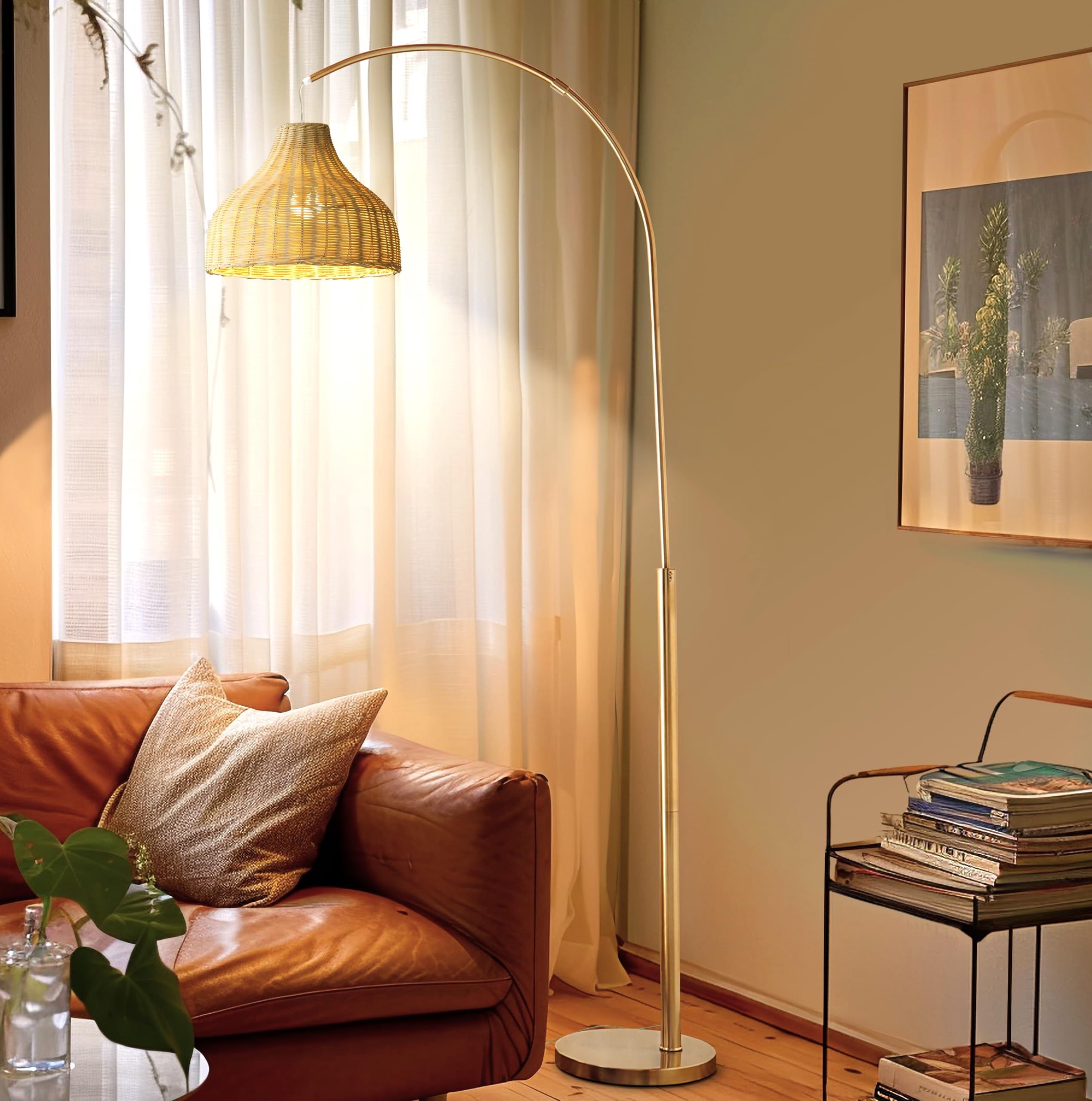 Brightech Lark Arc Lamp for Living Rooms & Offices, Floor Lamp with Unique Hanging Wicker Shade, Standing & Tall for Bedroom Rea
