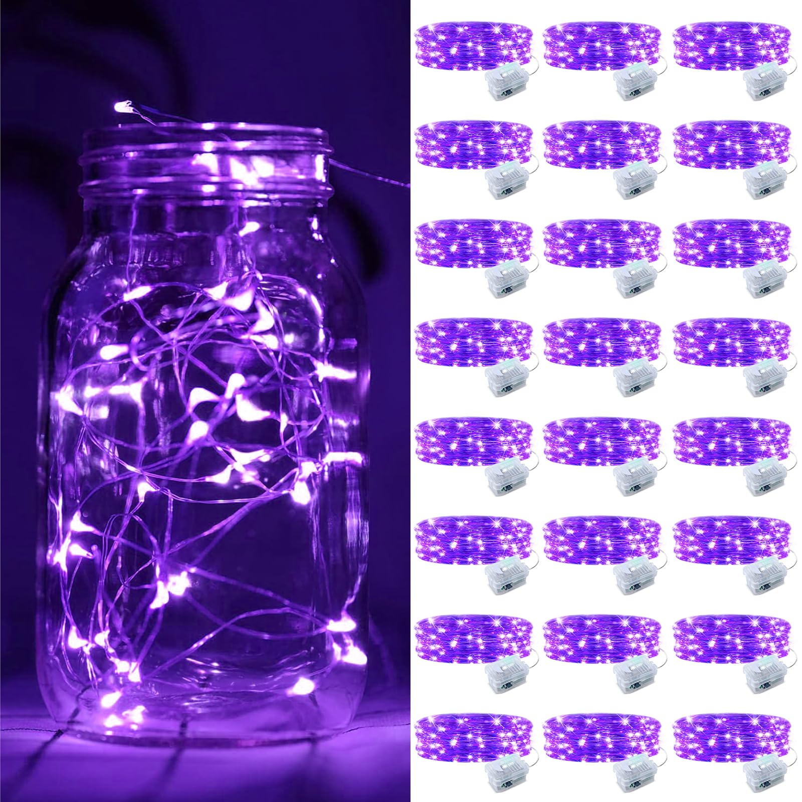 24 Pack Fairy Lights Battery Operated  7FT 20 Mini LED Silver Wire Twinkle Lights for DIY  Parties  Wedding  Bedroom  Christmas Decoration (Purple)