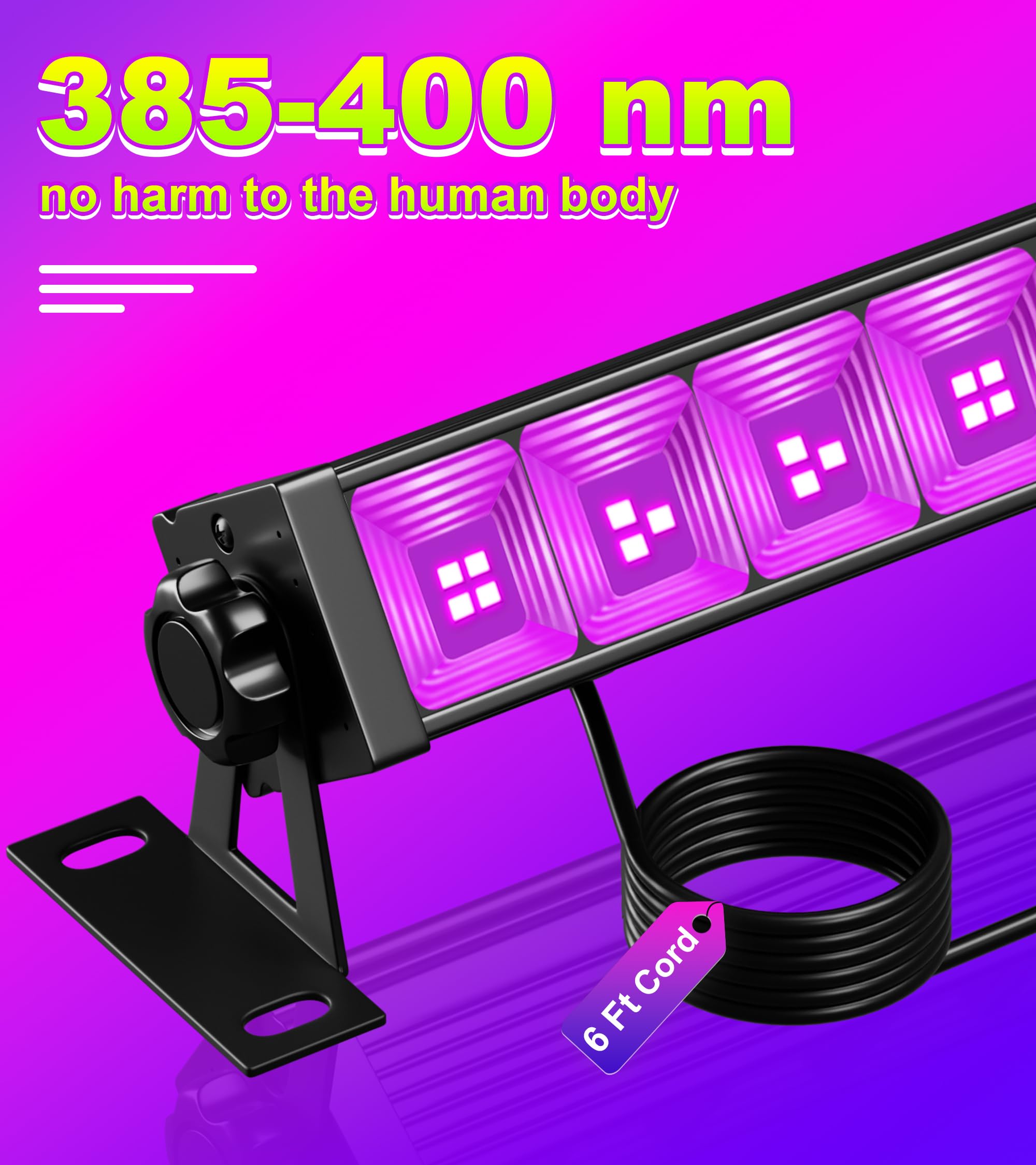 TigQiang 38W LED Black Light, 6 Pack, Aluminum, Plug & Switch, 5ft Cord, Glow Light for Halloween Decorations, Black