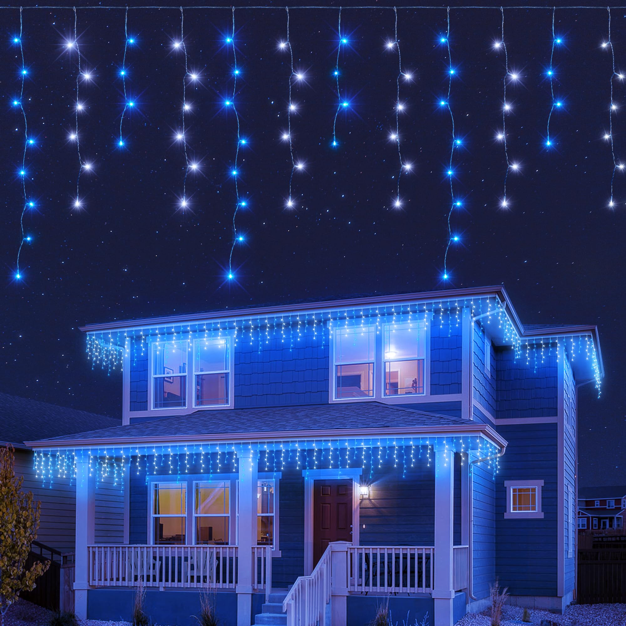 Qunlight 300L LED Icicle Lights, Blue+White Window Curtain Lights,8 Modes with 30V Plug in for Wedding, Party, Bedroom, Home, Garden, Outdoor, Indoor Wall,Christmas Decorations,Connectable(Blue+White)