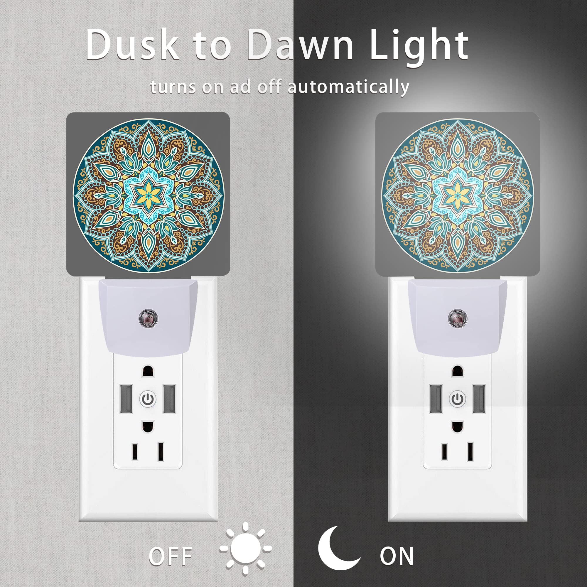 Oeaskly Mandala Floral Night Light,Yellow And Brown Ethnic Style Plug-In Night Lights With Dusk-To-Dawn Sensor For Stairway/Hall