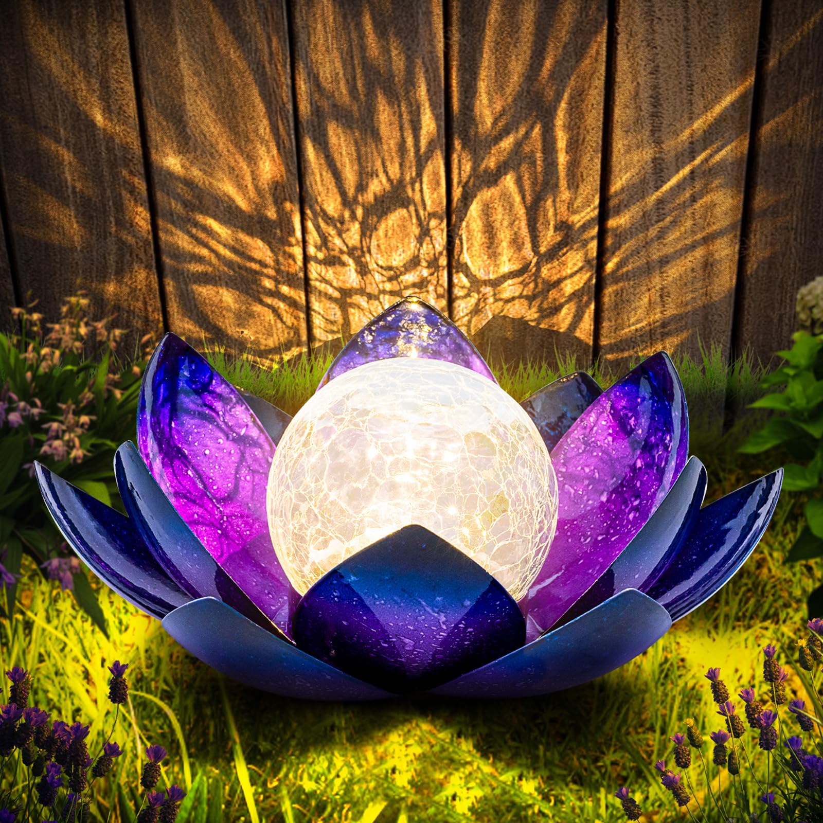 Huaxu Solar Lights For Outdoor Decor, Purple Lotus Flower Light, Waterproof Led Crackle Globe Glass Lamp For Garden, Patio, Yard