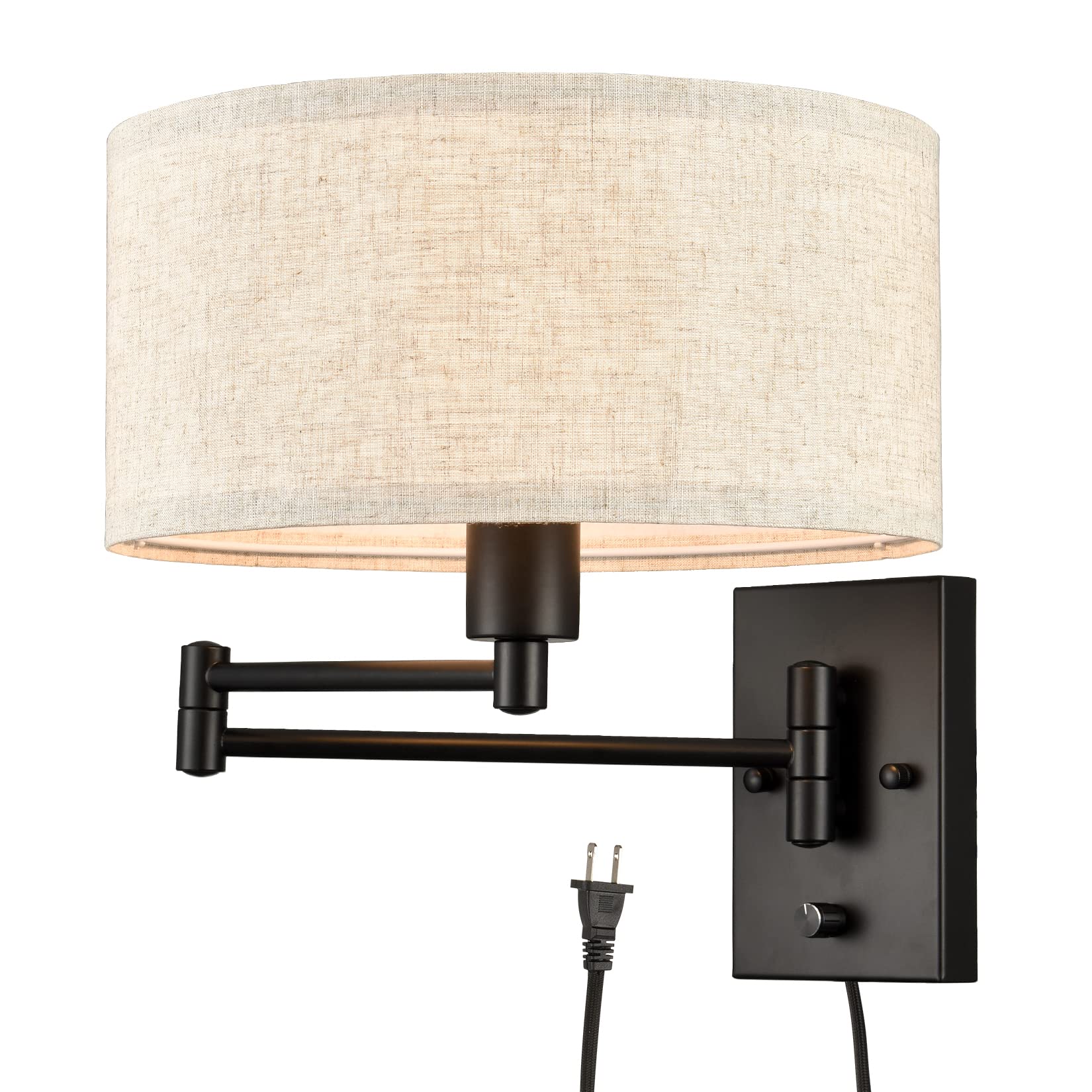 SAMTEEN Black Plug in Wall Sconce with Swing Arm Drum Shade Wall Lamp, Modern Farmhouse Sconce Light with Fabric Shade Wall Moun