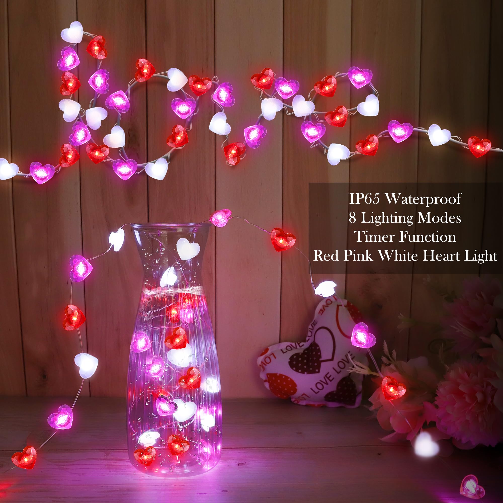 [Timer] 2 Pack Valentines Day Decor 20FT 60 LED Heart Twinkle Fairy Lights Battery Operated, 8 Modes Romantic Red Pink White Hea