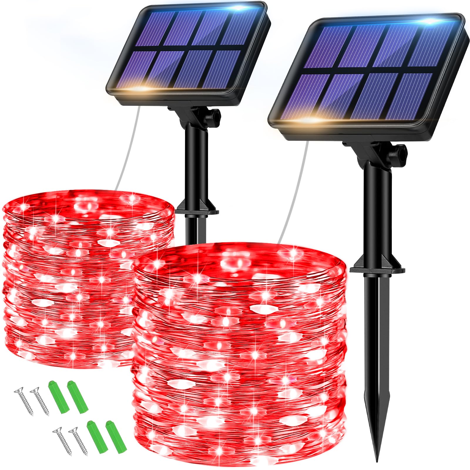 btfarm 2 Pack Solar String Lights - 160LED 66FT Waterproof Fairy Lights, Copper Wire, 8 Modes, Red for Outdoor Christmas Decor