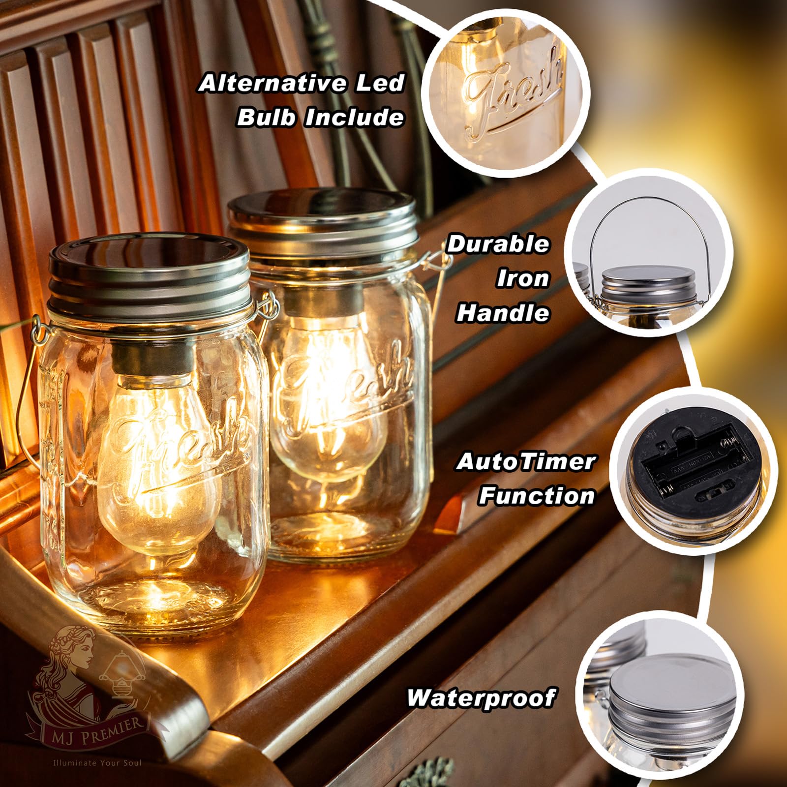 MJ PREMIER LED Mason Jar Lights, Battery Operated, Transparent, With Timer, 2-Pack Garden Lanterns for Patio and Backyard
