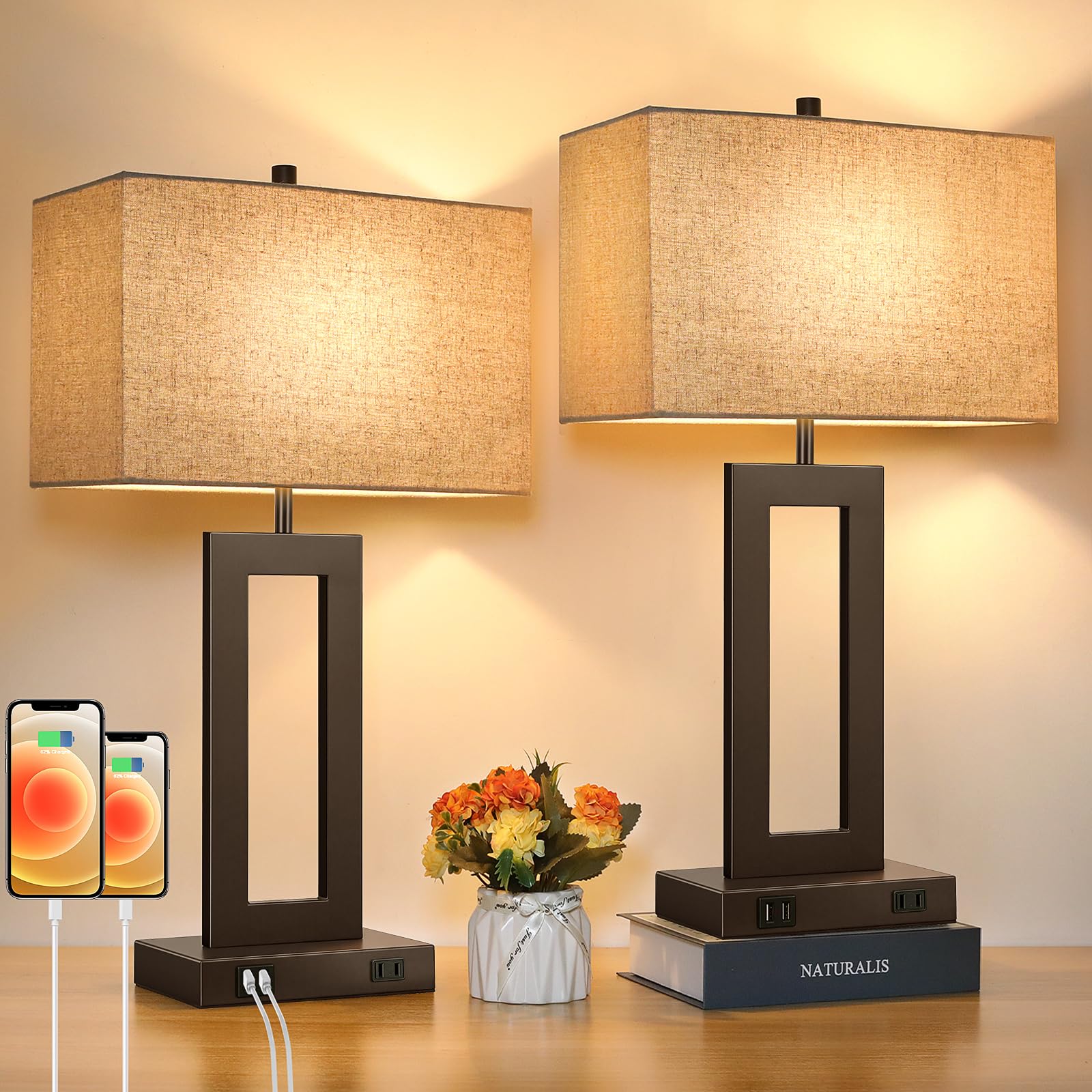 Set of 2 Touch Control Table Lamps with 2 USB Ports&AC Outlet  3-Way Dimmable Modern Nightstand Lamp Sets  Brown Bedside Desk Lamps for Bedroom Living Room End Tables  Bulbs Included  Cream Shade