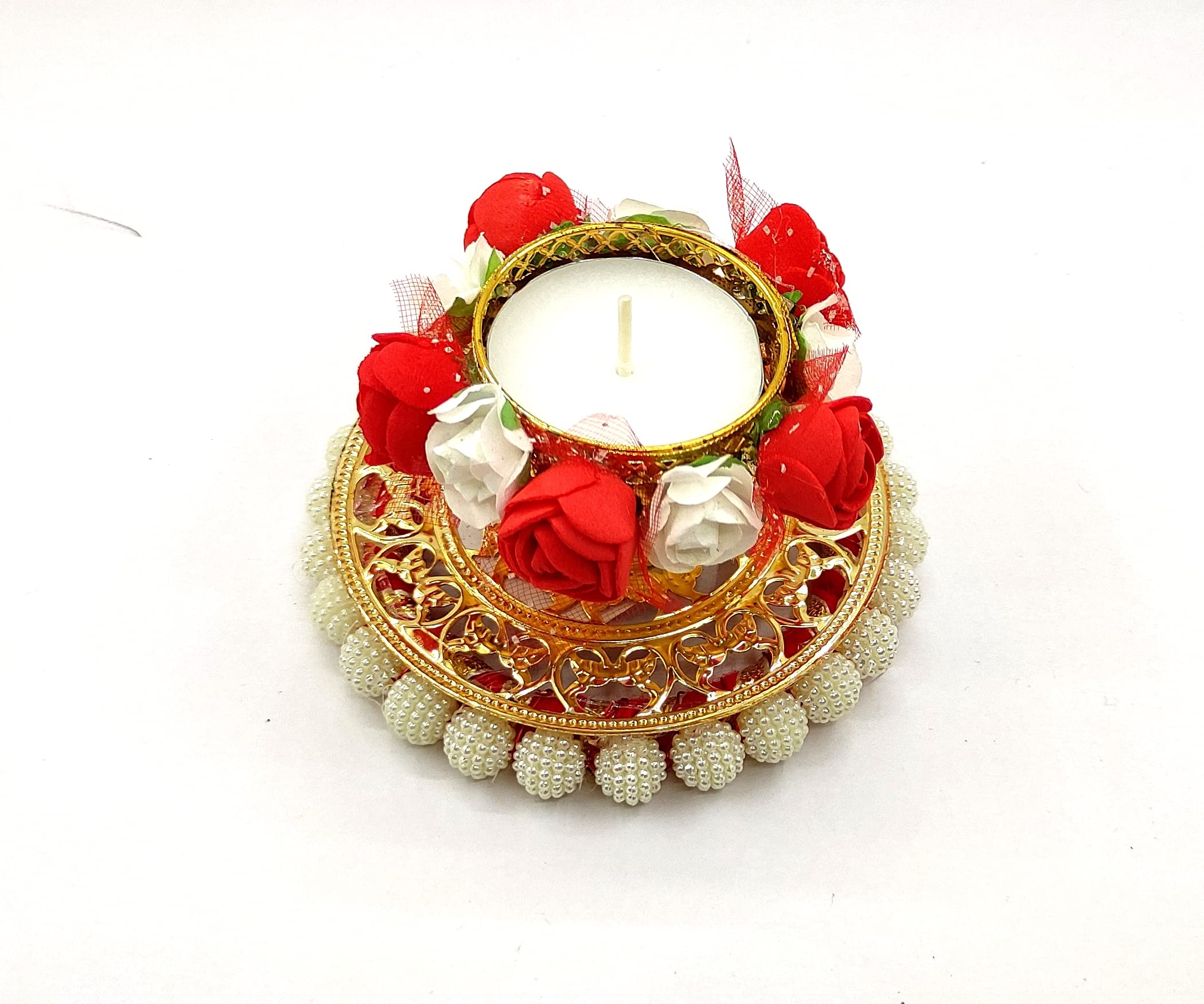 Vibhushita Pack of 2 Metal and Plastic Designer Red Flowers 2 Layer Decorative Handmade Diwali Oil Wax Lights with 2 T-Light Can