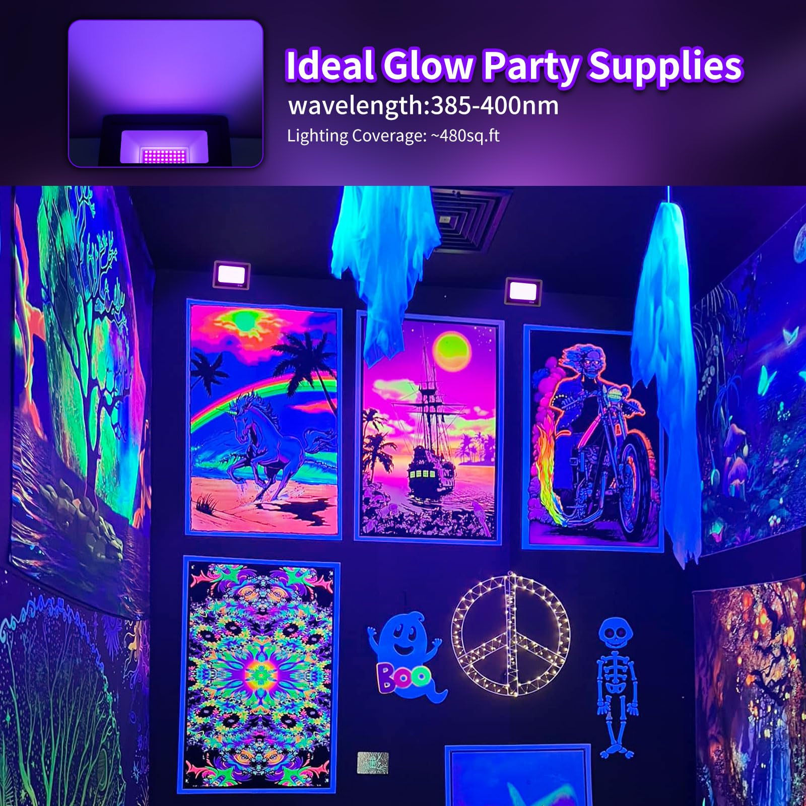 Yayit 36W Waterproof Blacklight Flood Light With Switch+Plug, Ip66 Outdoor Led Black Lights For Glow Party, Halloween, Bedroom, Fluorescent Party, Blacklight Poster, Body Paint, 2 Pack