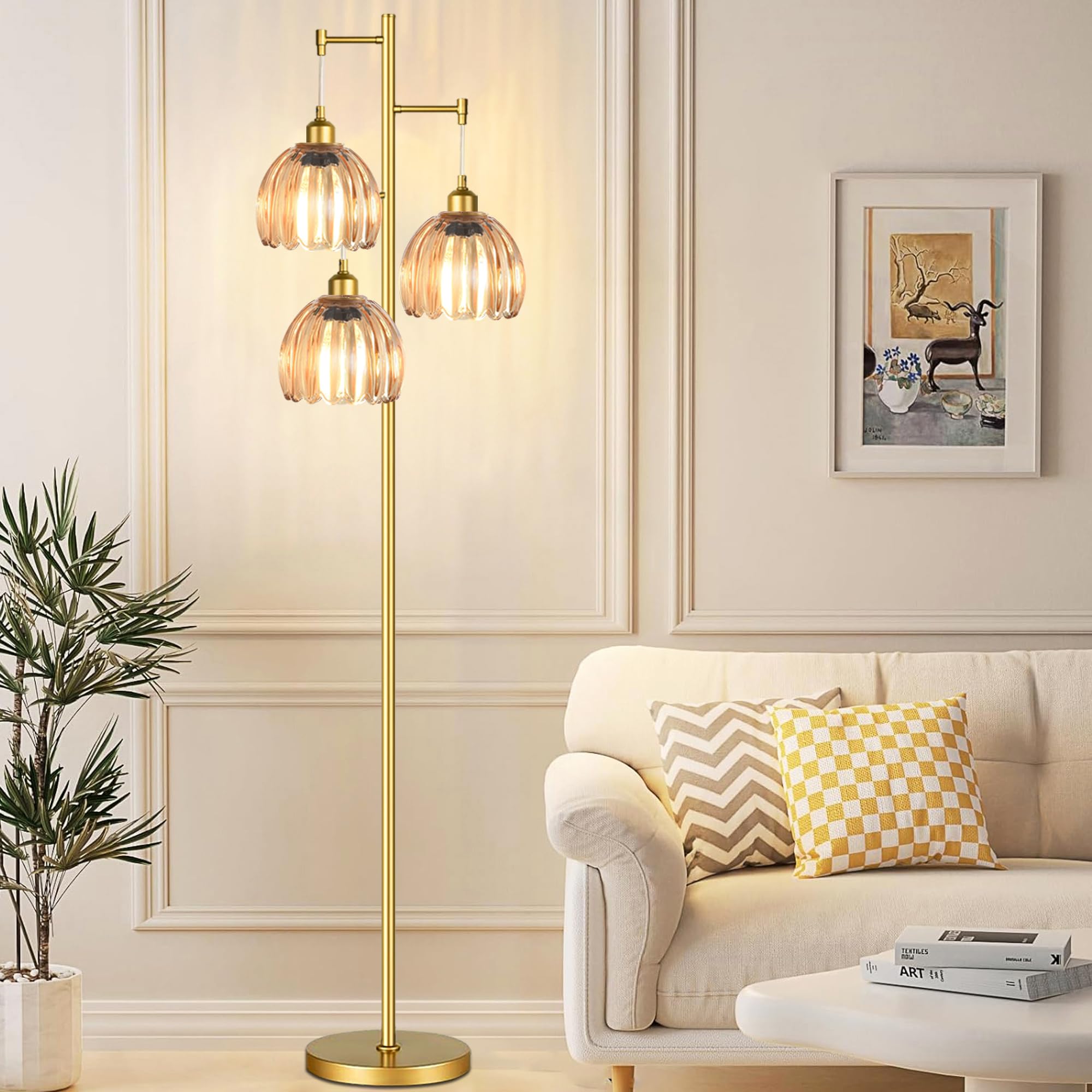 Ahdwdw Gold Floor Lamp For Living Room Bedroom,3 Lights Mid Century Modern Floor Lamps With Flower Glass Shades,68In Tall Standi